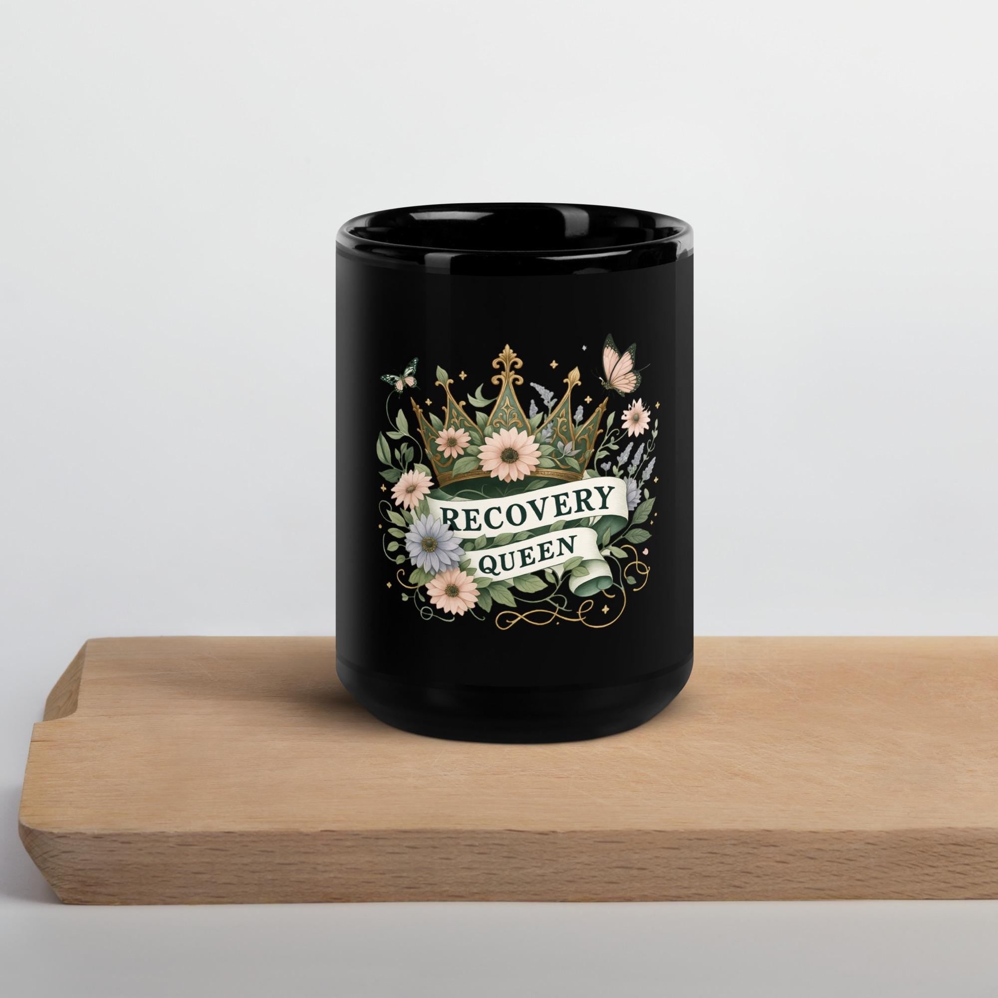Recovery Queen Crown Mug: Glossy Black Ceramic, Strength Gift