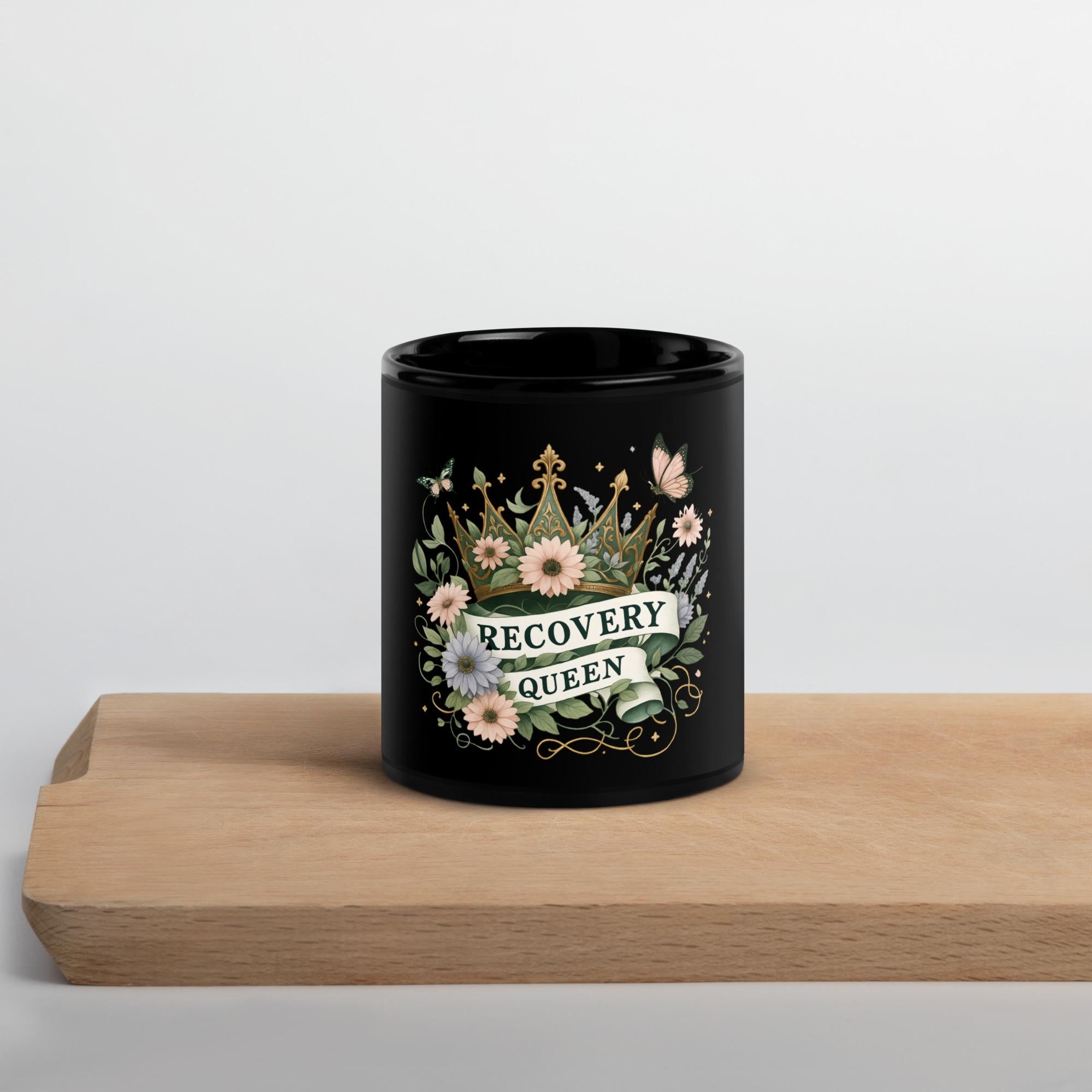 Recovery Queen Crown Mug: Glossy Black Ceramic, Strength Gift