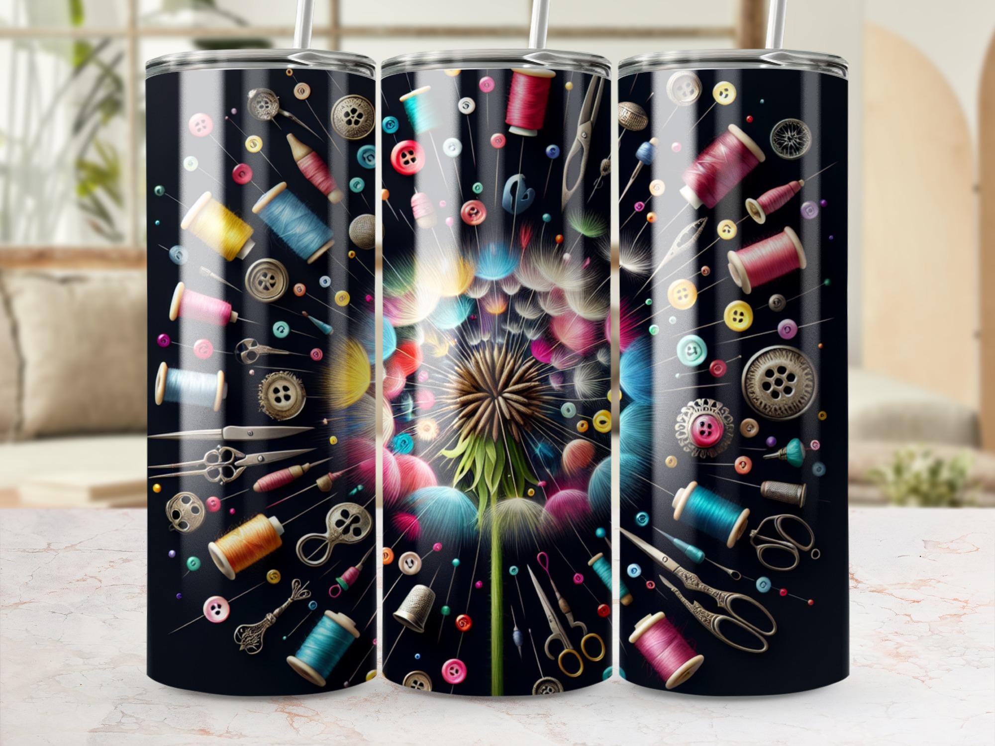 Dandelion Sewing Tumbler Wrap PNG: Crafting Sublimation Design (Digital Download 20oz Tumbler Wraps)