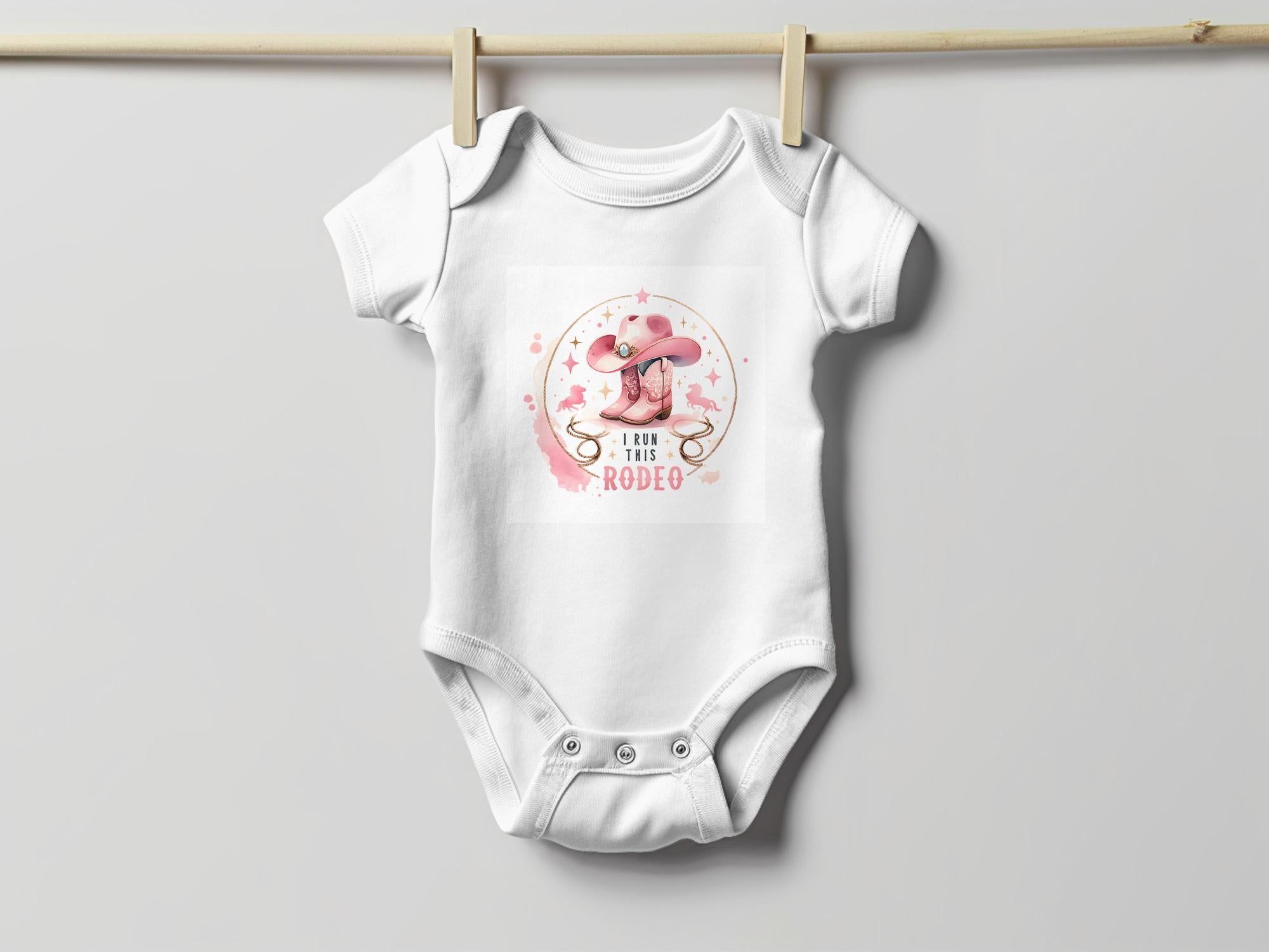 I Run This Rodeo Baby Onesie or T-Shirt: Pink Cowgirl Design