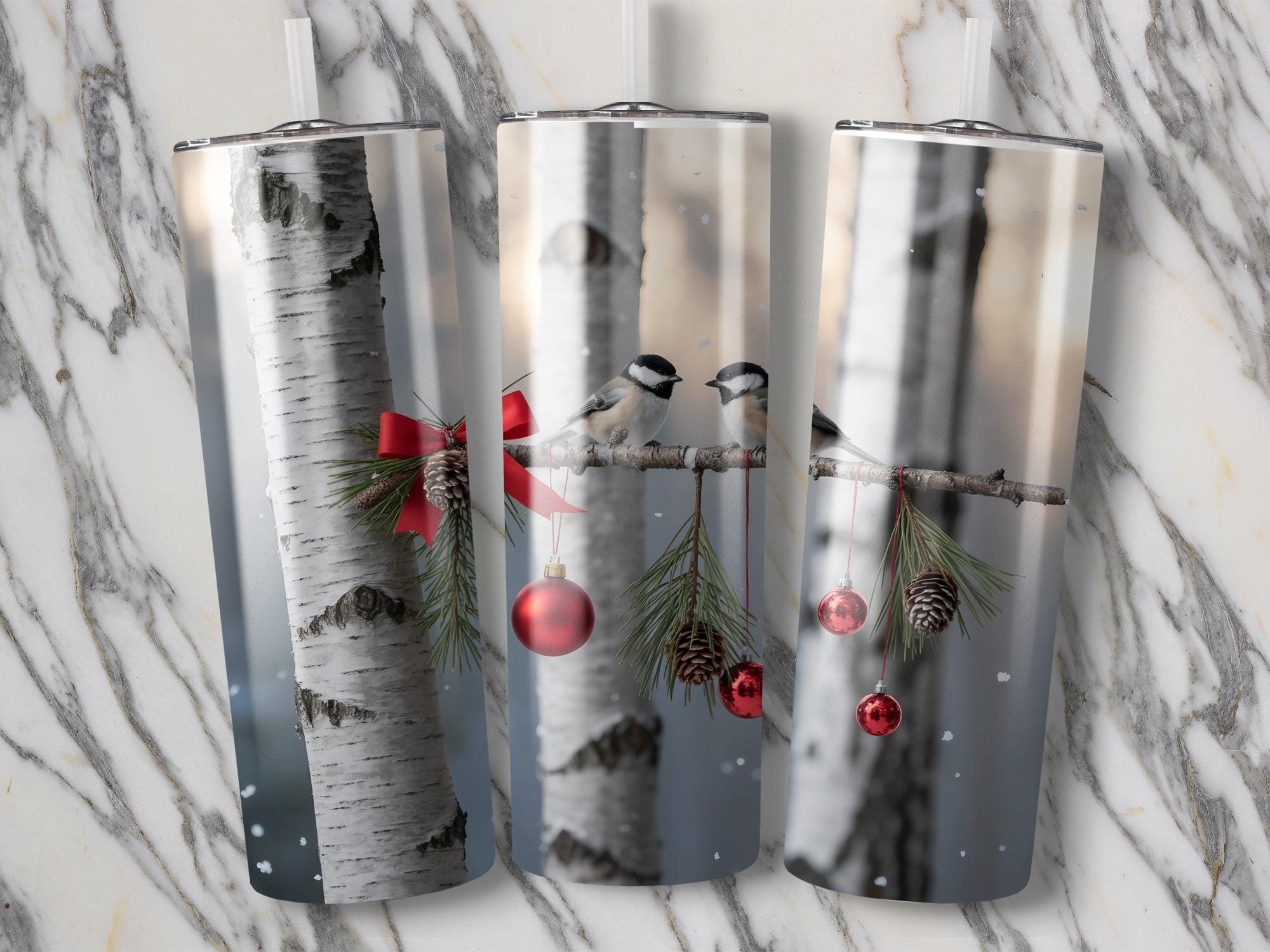 Winter Chickadee Tumbler Wrap: Christmas Ornament 20oz Skinny Tumbler PNG (Digital Download)
