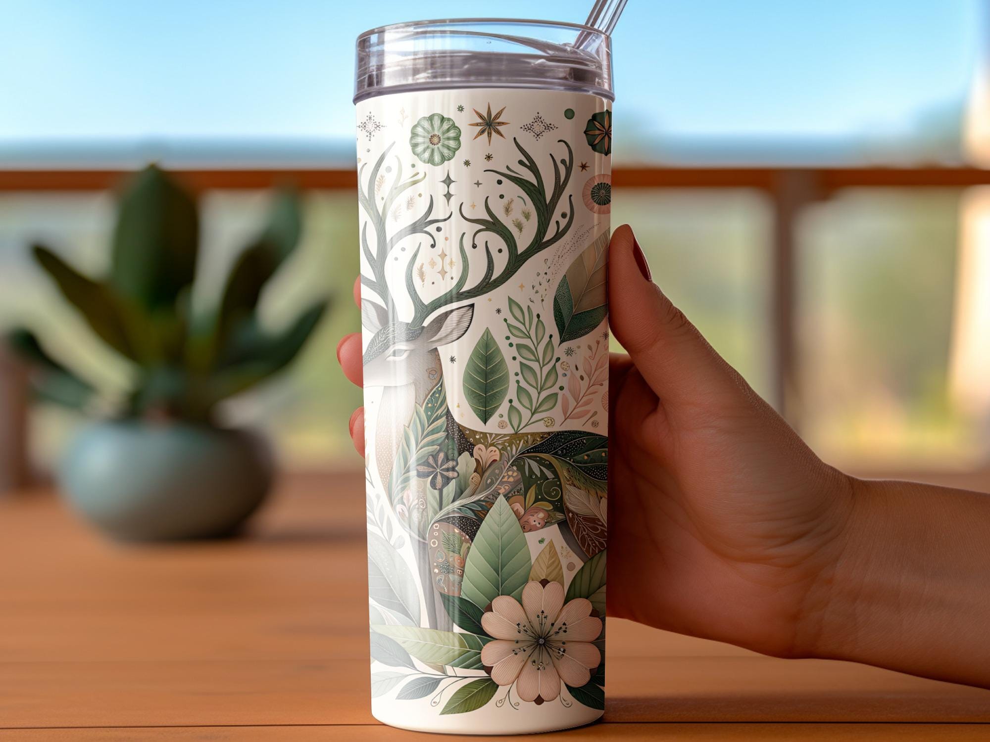 Floral Deer Tumbler Wrap: 20oz Skinny Tumbler Sublimation Design (PNG Digital Download)