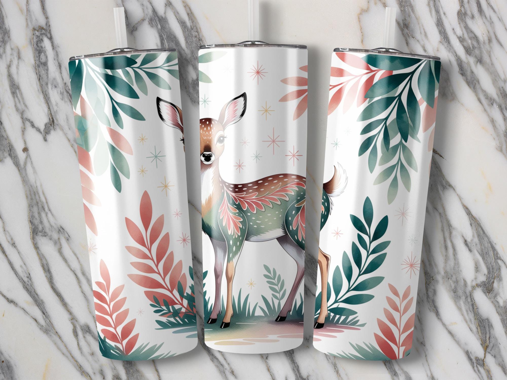 Watercolor Deer Tumbler Wrap: Floral 20oz Skinny Sublimation (PNG Digital Download)