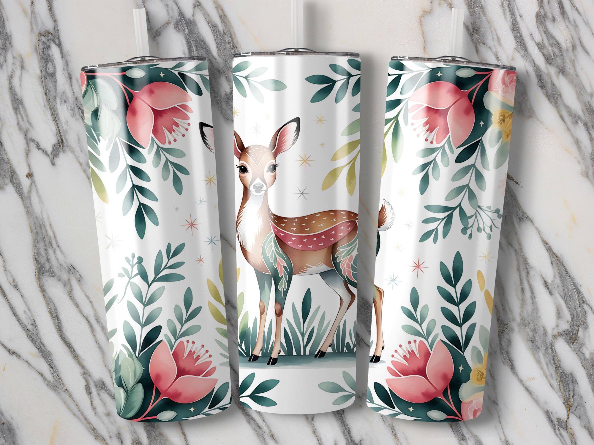 Floral Deer Tumbler Wrap: Watercolor Sublimation Design (PNG Digital Download 20oz Tumbler)