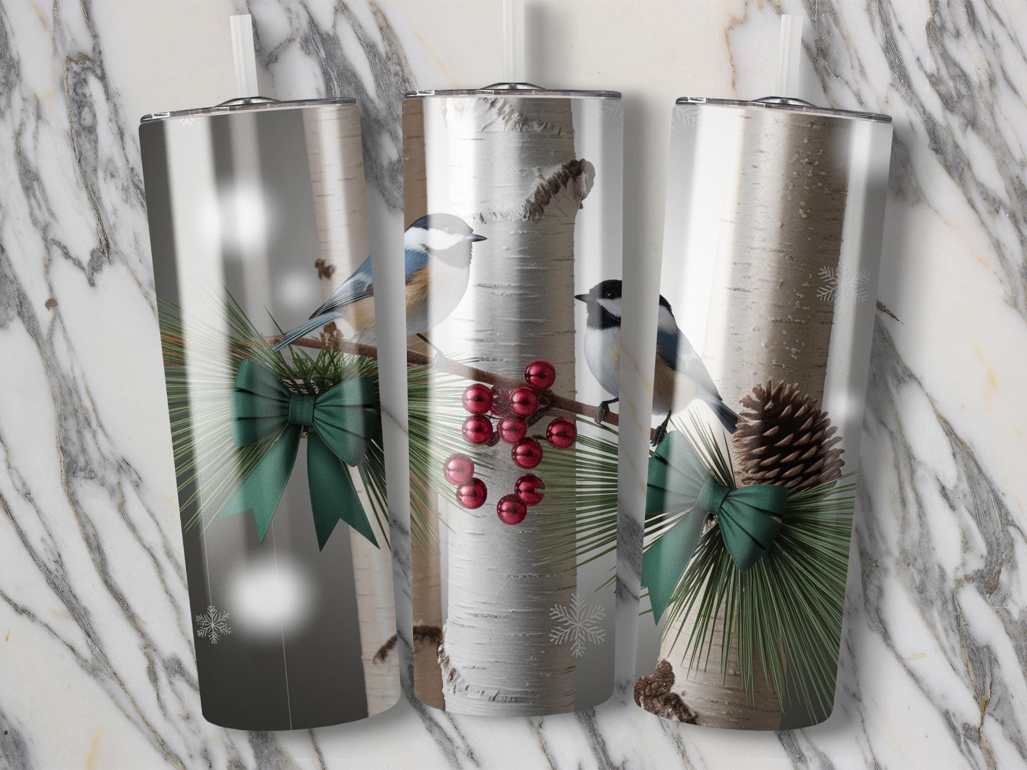 Winter Chickadee Tumbler Wrap: Birch Tree & Pine Design (Digital Download PNG)
