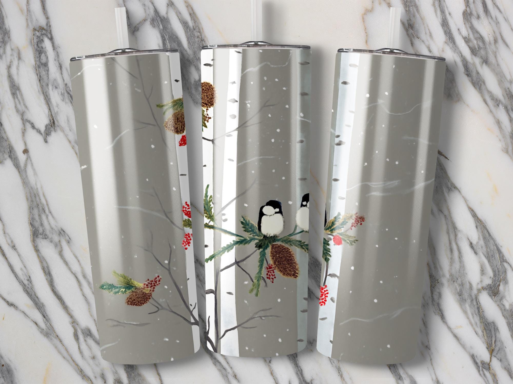 Chickadee Tumbler Wrap: Winter Bird, Birch Tree Design (Digital Download, 20oz PNG Files)