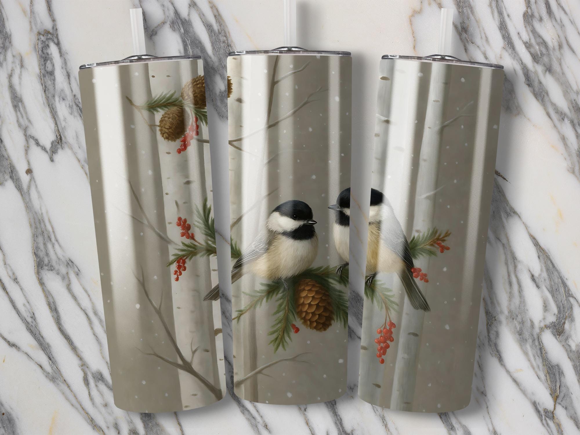 Winter Chickadee Tumbler Wrap: Birch Tree 20oz Skinny Tumbler PNG (Digital Download