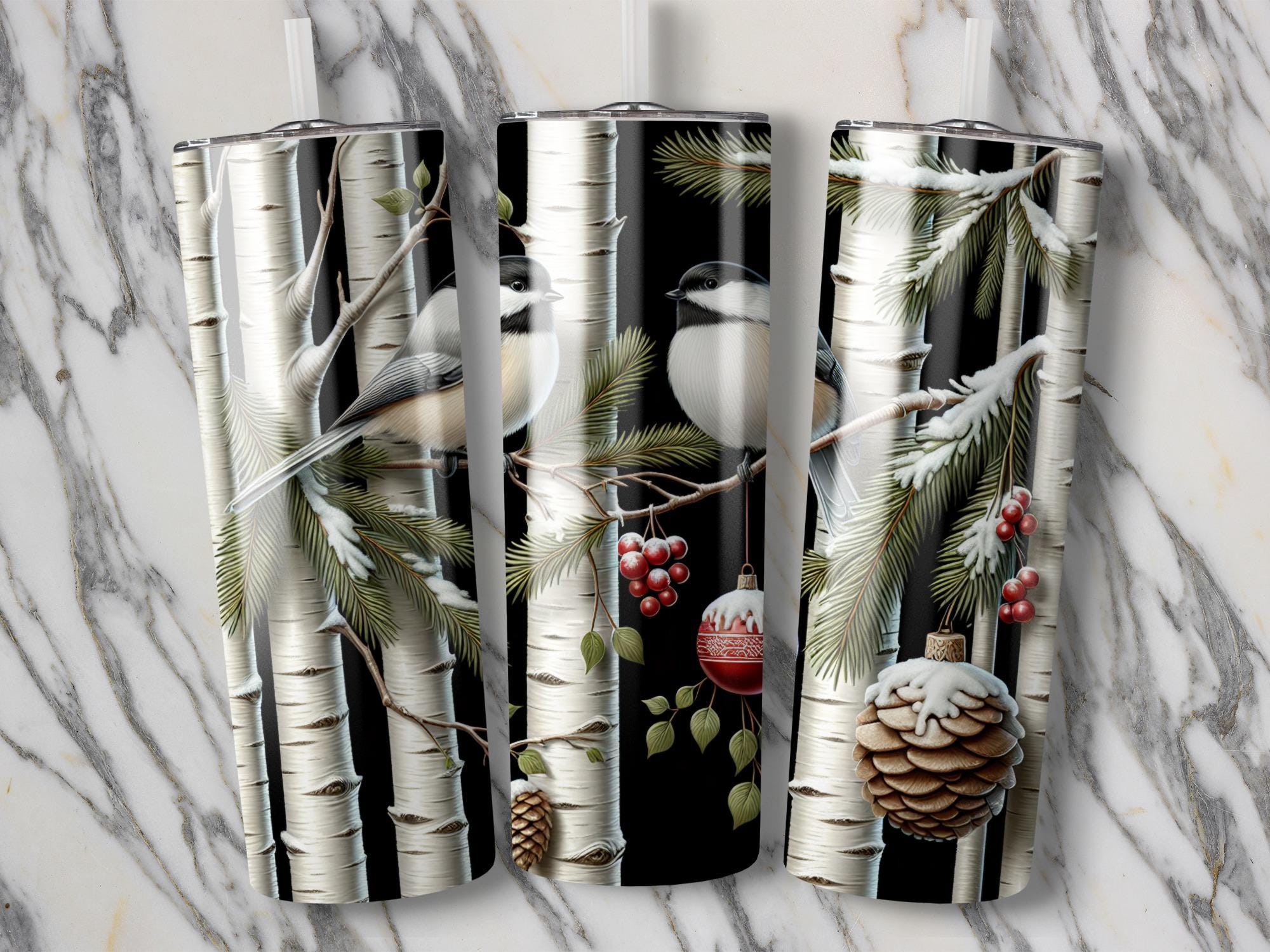 Chickadee Winter Tumbler Wrap: Birch Tree, Snow, Christmas (Digital Download)