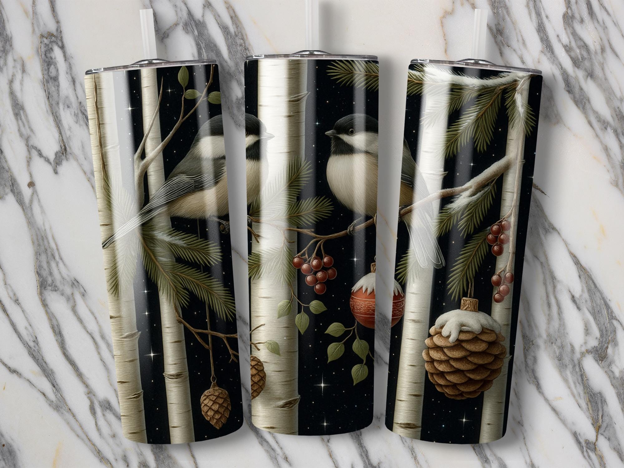Winter Chickadee Tumbler Wrap: Birch Tree Starry Night (PNG Digital Download)
