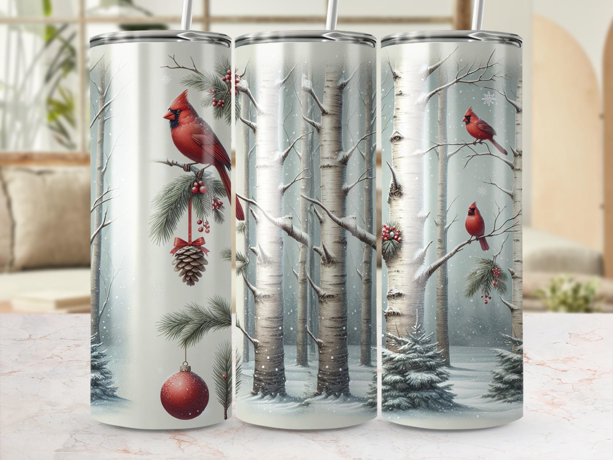 Winter Cardinal Tumbler Wrap: Snowy Birch Tree PNG Design (Digital Download
