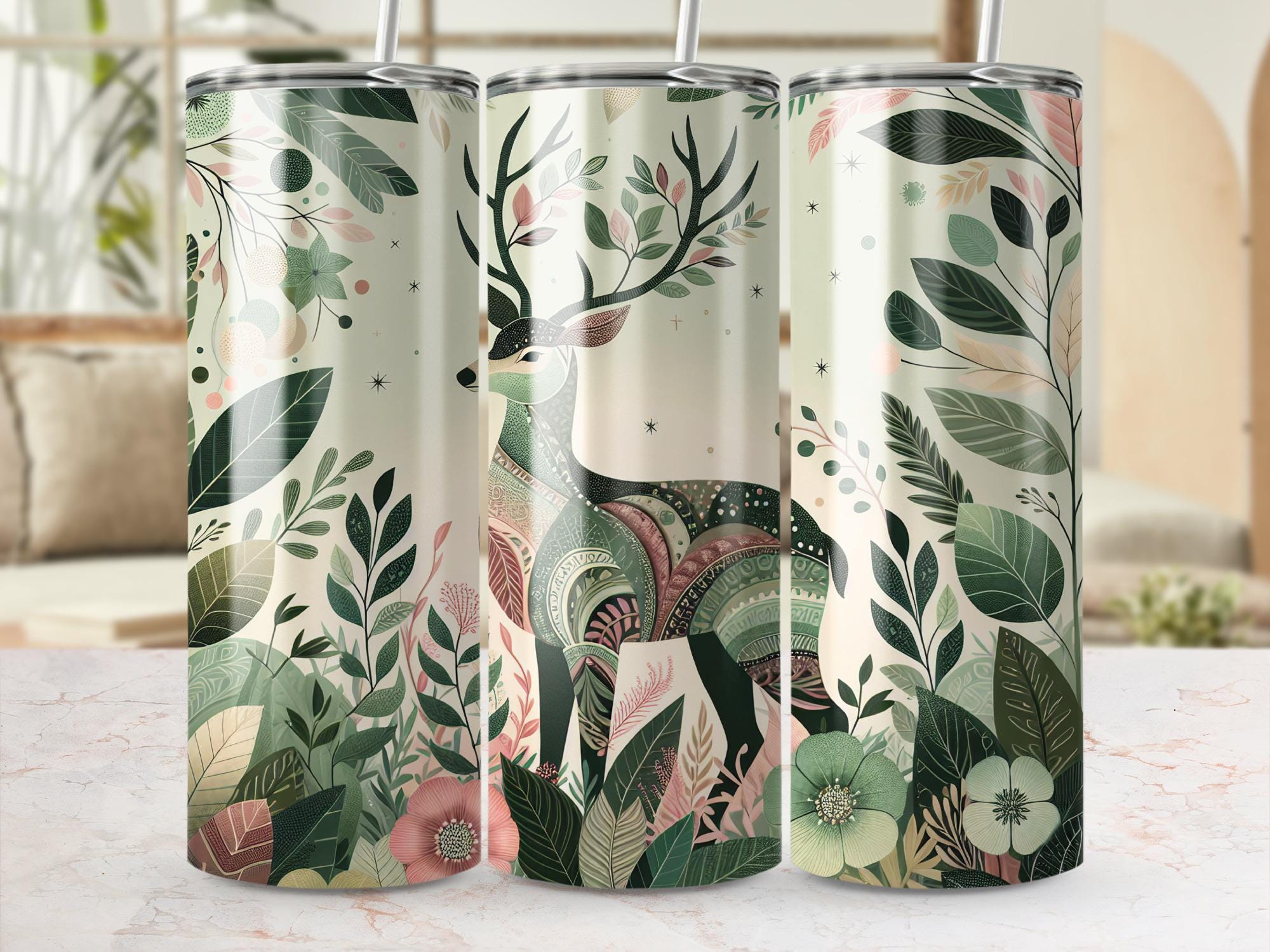 Floral Deer Tumbler Wrap: Boho Buck, Flowers, Leaves (Digital Download)