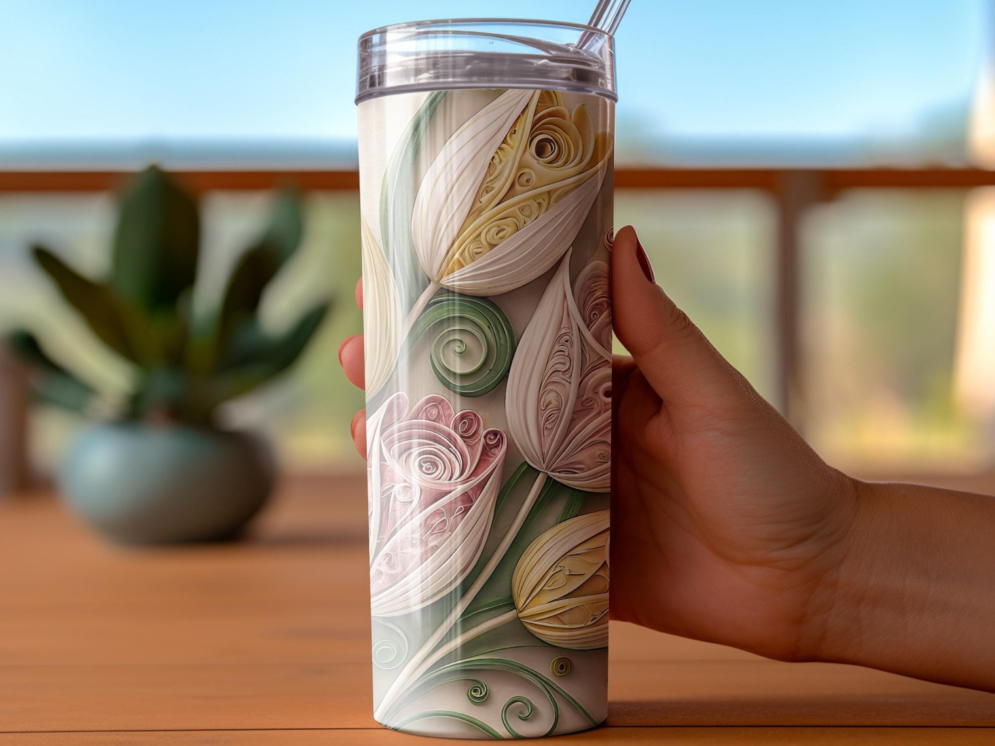 Paper Quilled Tulip Tumbler Wrap: Floral PNG Design (Digital Download)