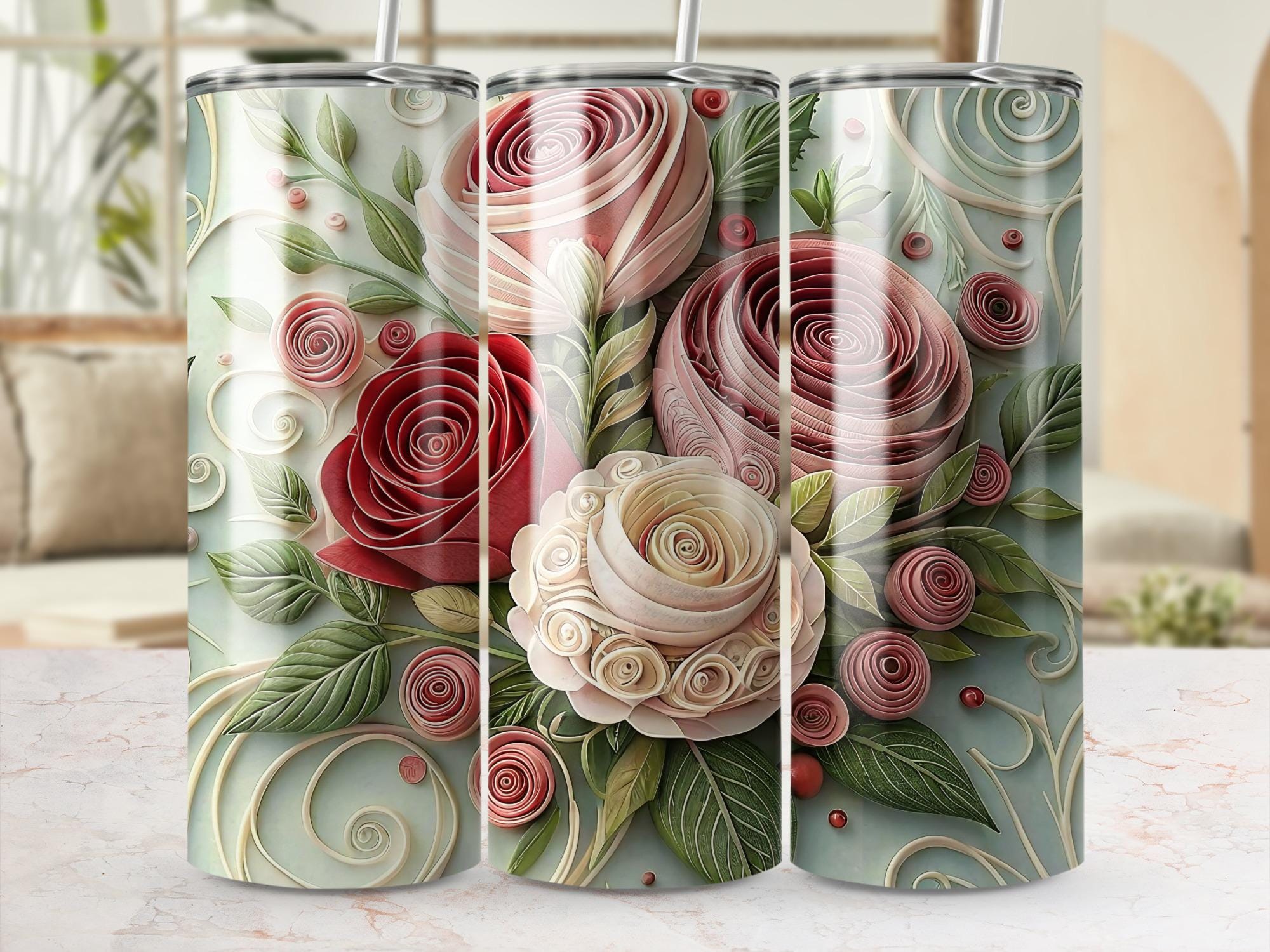 Rose Tumbler Wrap: Paper Quilling Floral Design (Digital Download PNG, 20oz Skinny Tumbler Sublimation)