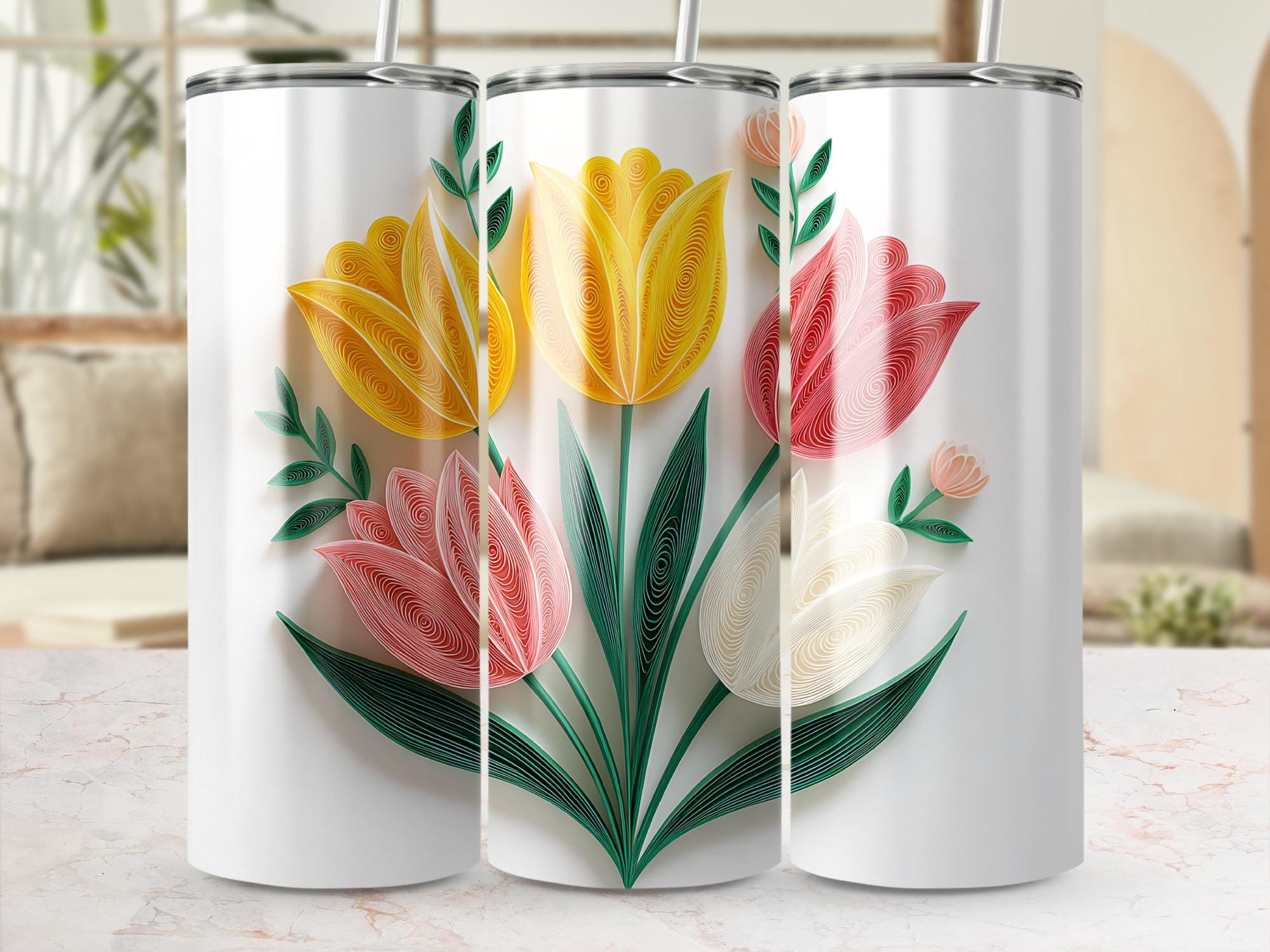 Quilled Tulips Tumbler Wrap: Paper Art Sublimation Design (Digital Download
