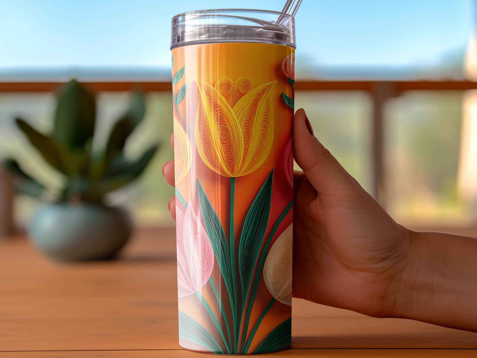 Paper Quilling Tumbler Wrap, Floral Tumbler PNG, Flower Sublimation Design, Colorful Tulip Tumbler, 20oz Skinny Tumbler, Digital Download