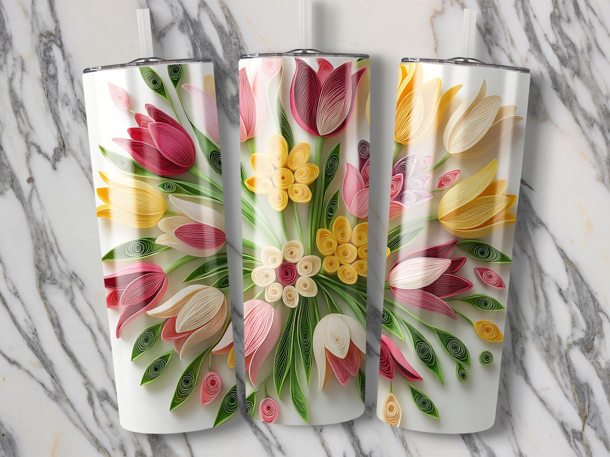 Quilled Tulip Tumbler Wrap: Floral Sublimation Design (Digital Download, 20oz Skinny Tumbler PNG)