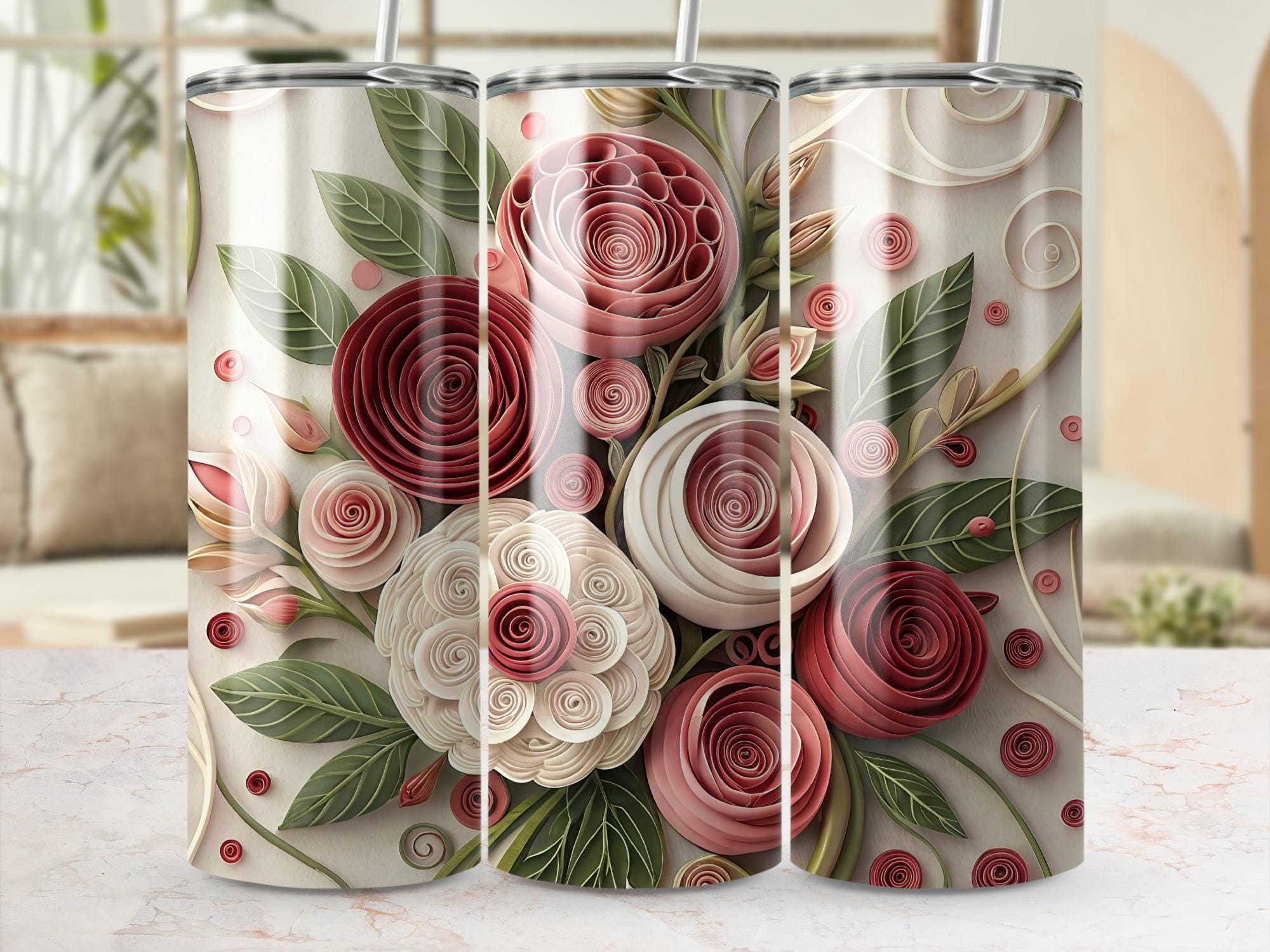 Quilling Rose Tumbler Wrap: Floral Sublimation Design (PNG Digital Download)