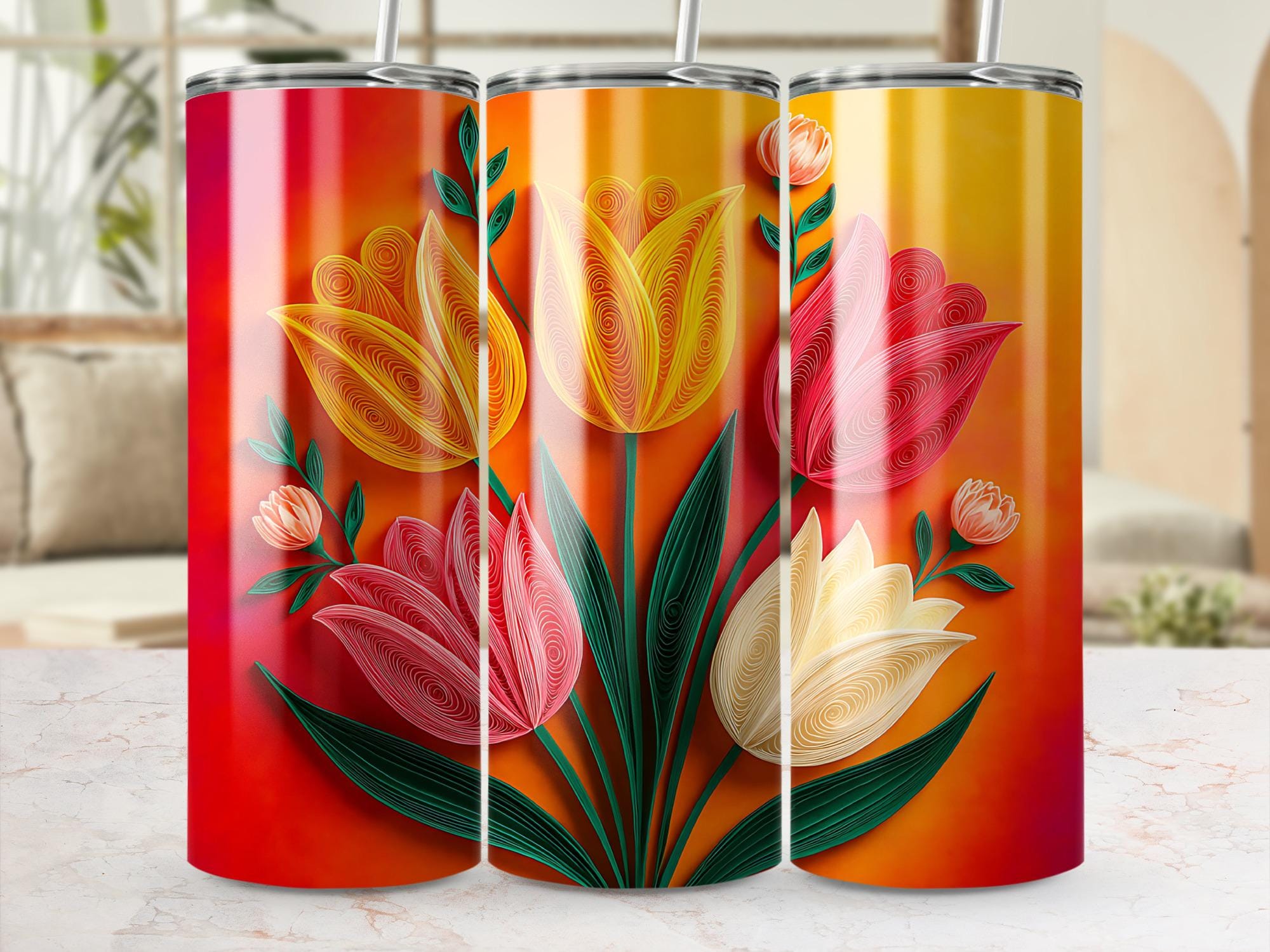 Paper Quilling Tumbler Wrap, Floral Tumbler PNG, Flower Sublimation Design, Colorful Tulip Tumbler, 20oz Skinny Tumbler, Digital Download