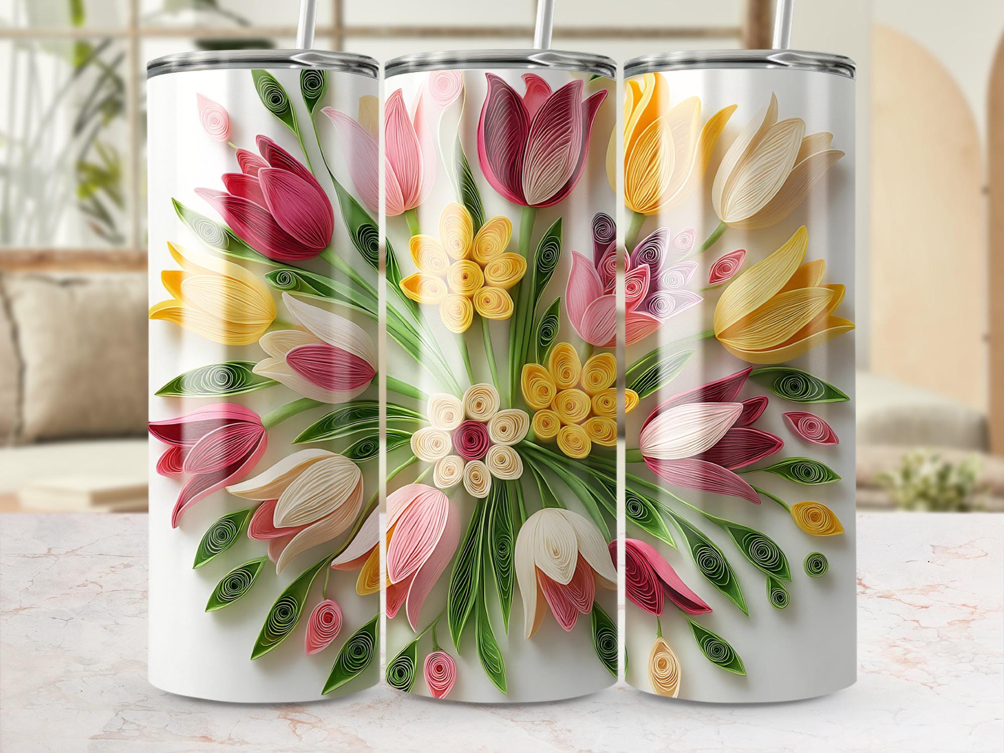 Quilled Tulip Tumbler Wrap: Floral Sublimation Design (Digital Download, 20oz Skinny Tumbler PNG)