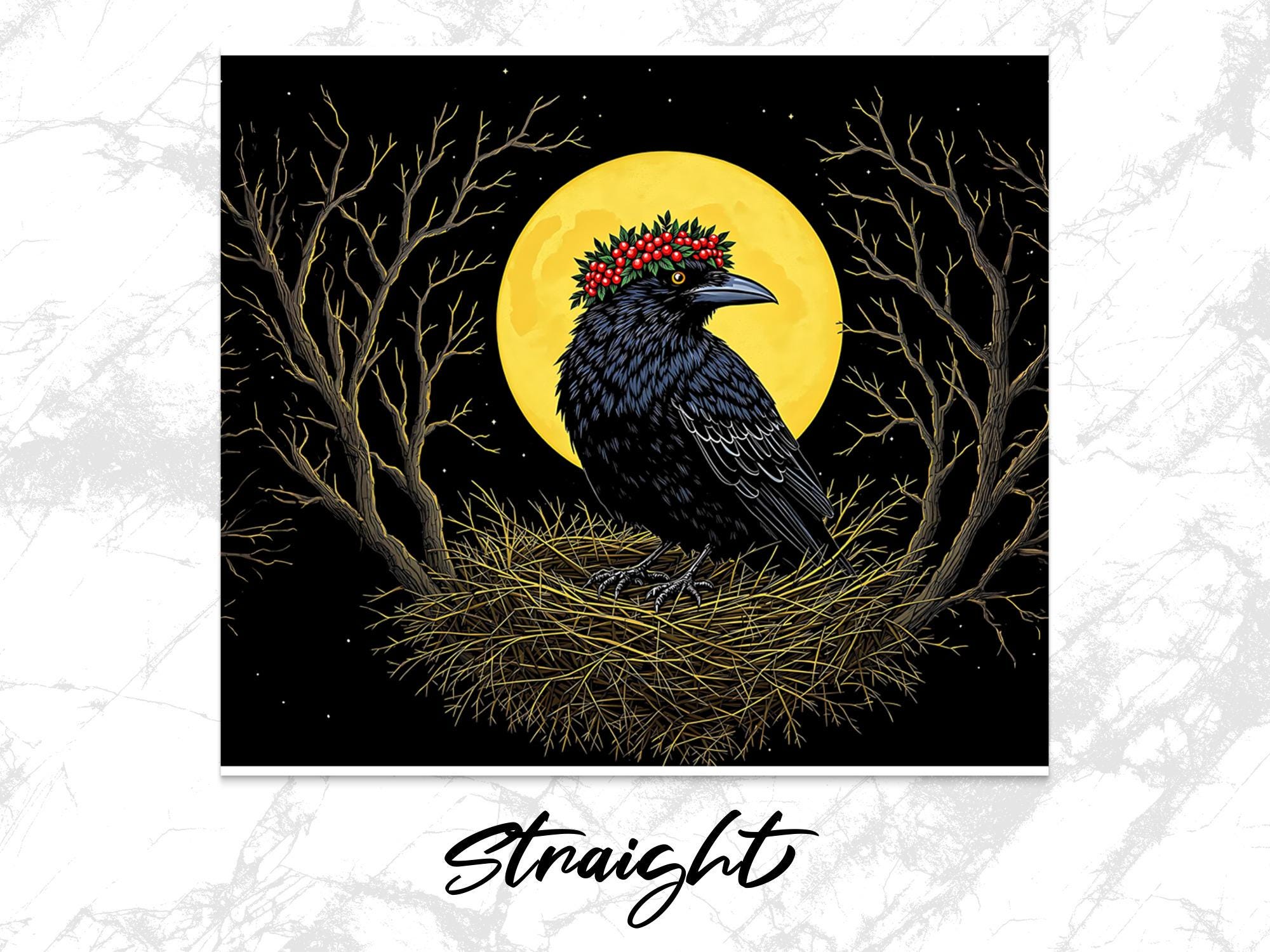 Crow Tumbler Wrap: Floral Wreath, Moon Design (Digital Download, PNG File)