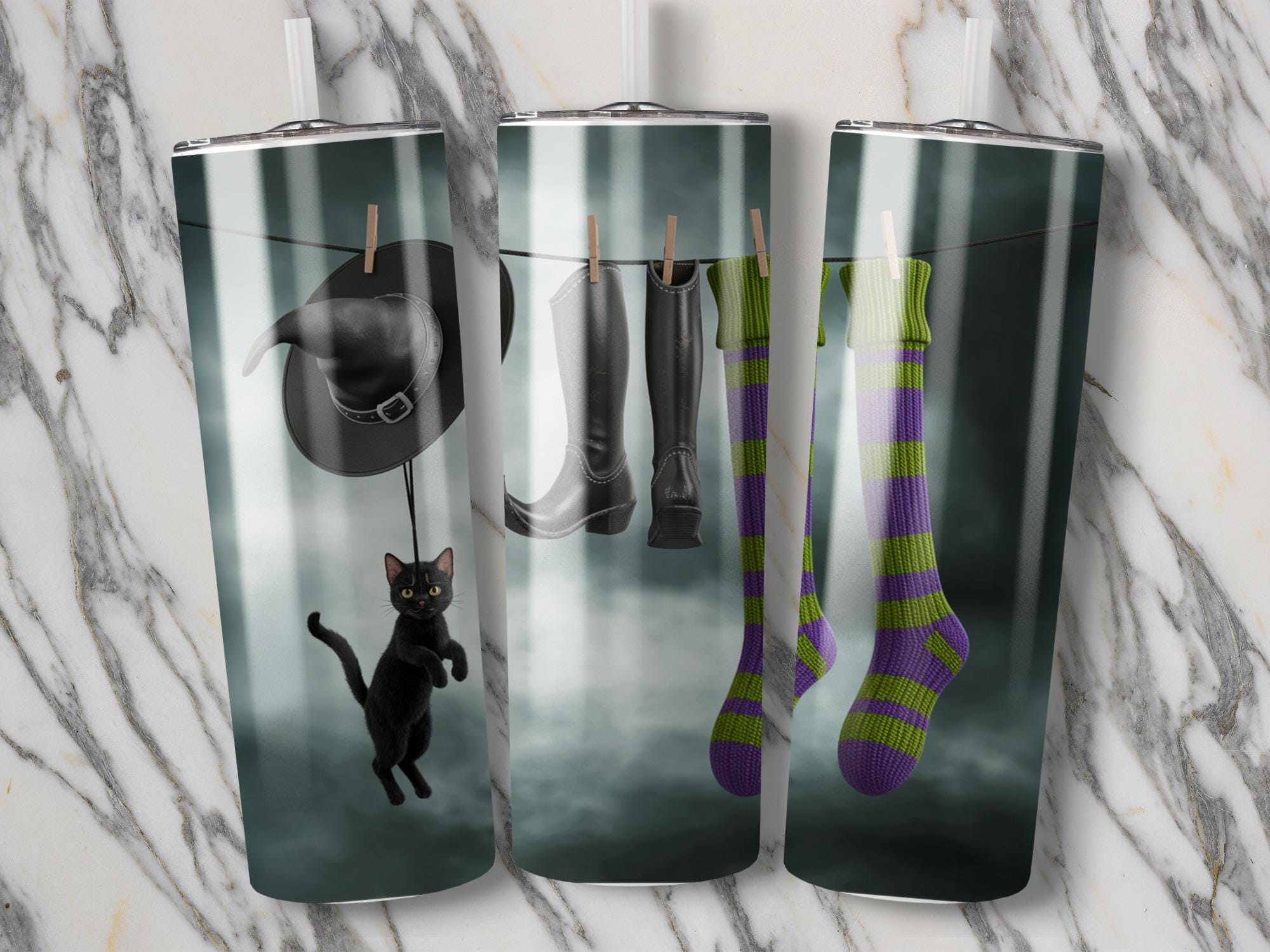 Witch Tumbler Wrap: Halloween Cat & Apparel Design (PNG Digital Download 20oz Skinny Tumbler Template)