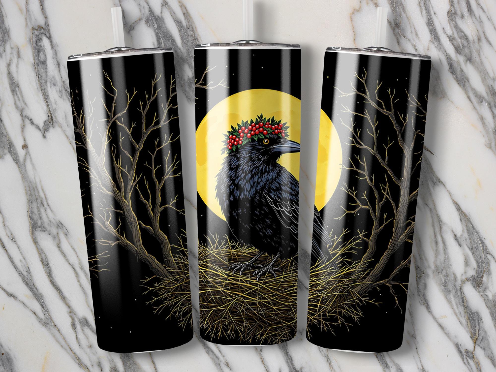 Crow Tumbler Wrap: Floral Wreath, Moon Design (Digital Download, PNG File)