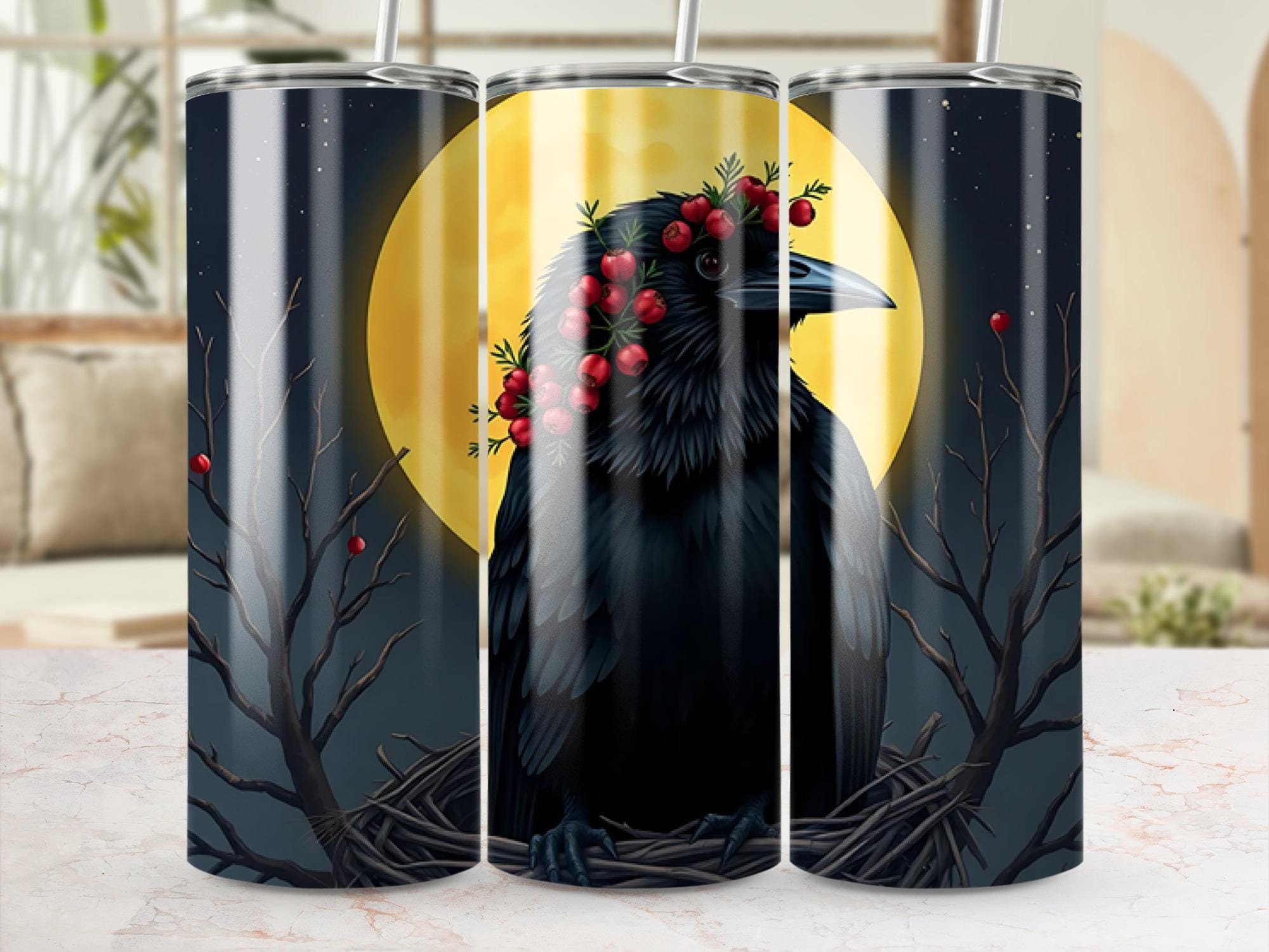 Raven Tumbler Wrap: Crow, Full Moon, Berry Wreath (Digital Download, 20oz Tumbler PNG Files)