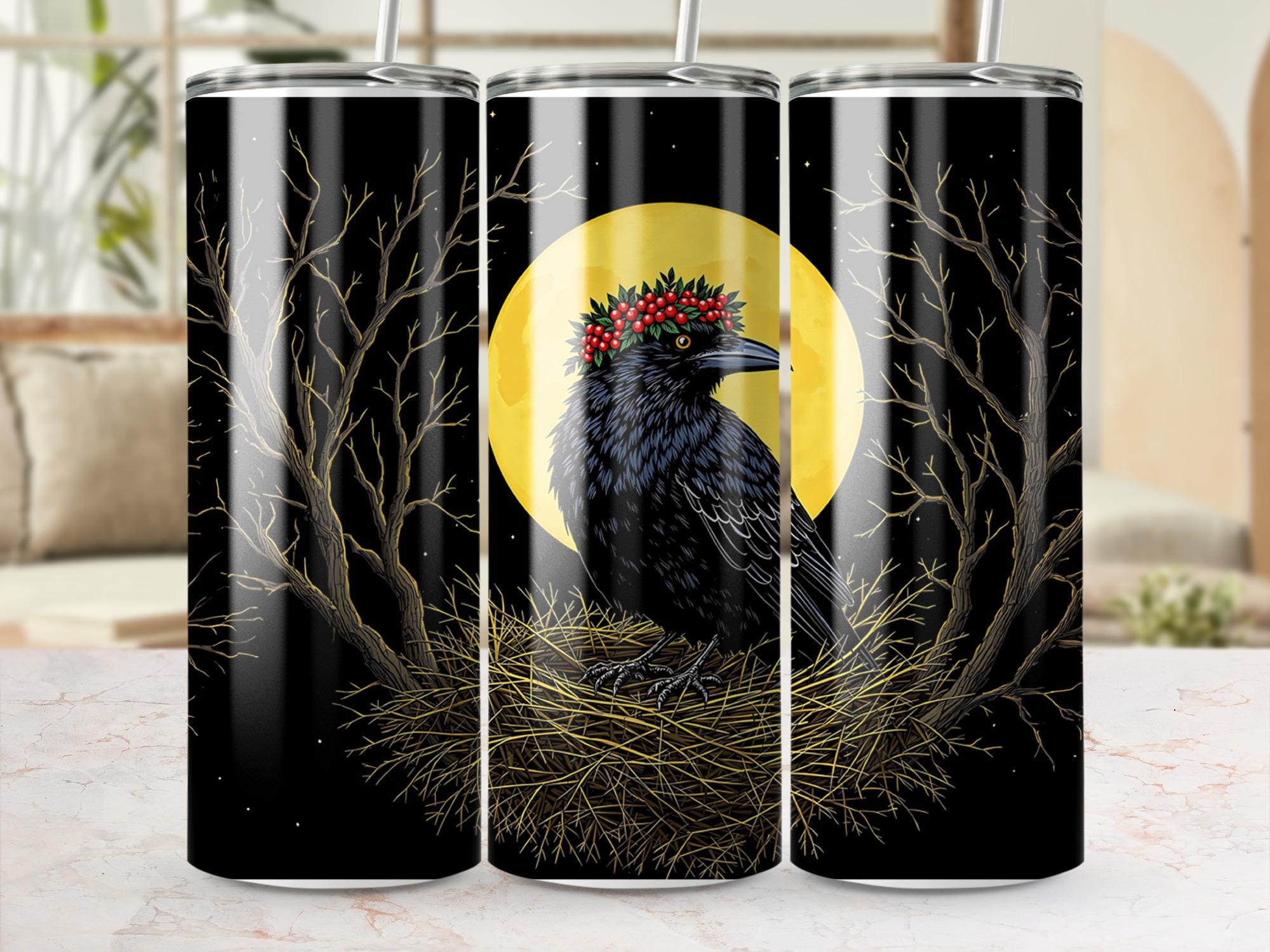 Crow Tumbler Wrap: Floral Wreath, Moon Design (Digital Download, PNG File)