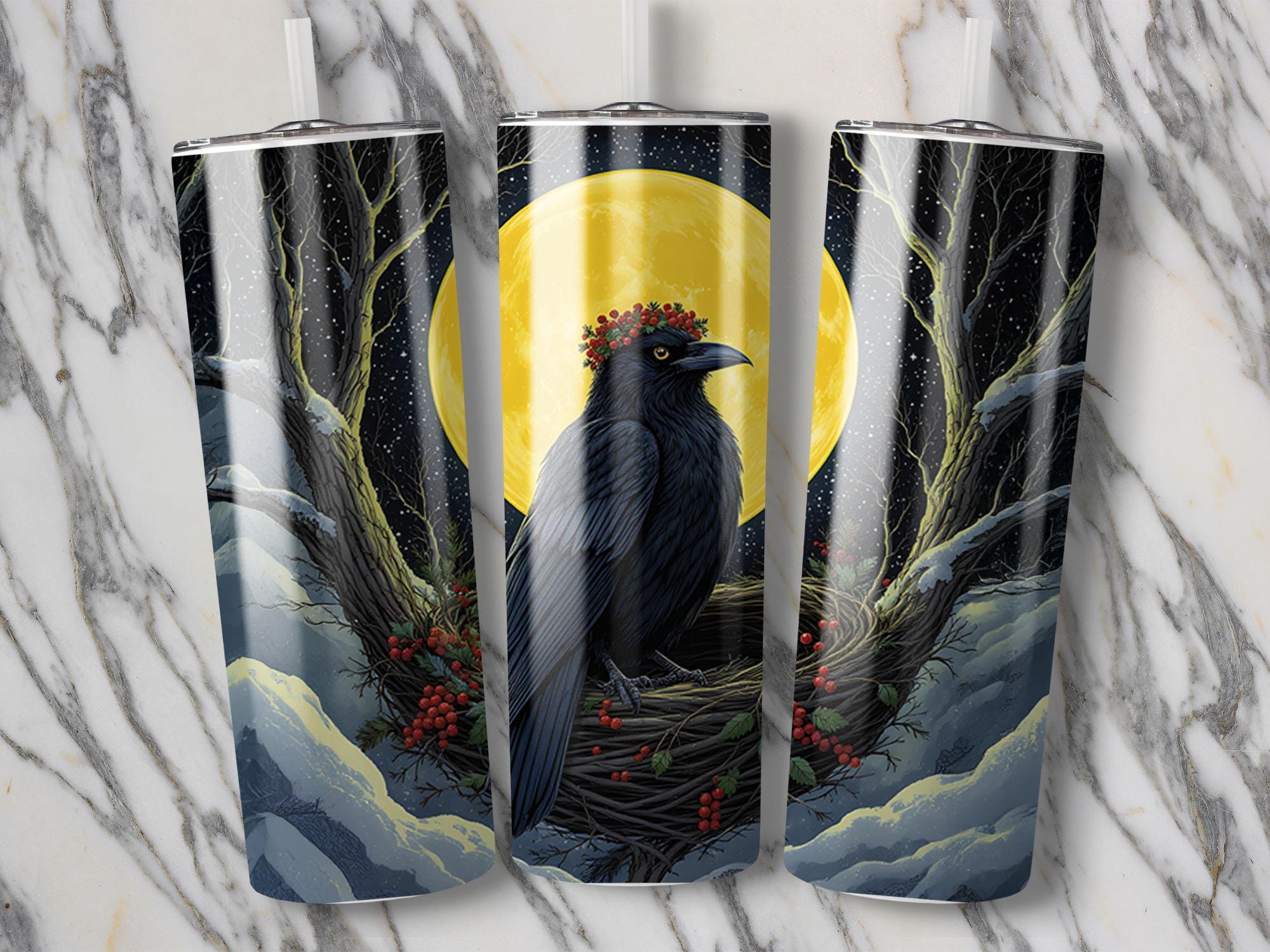 Raven Full Moon Tumbler Wrap: Winter Crow Sublimation (Digital Download)