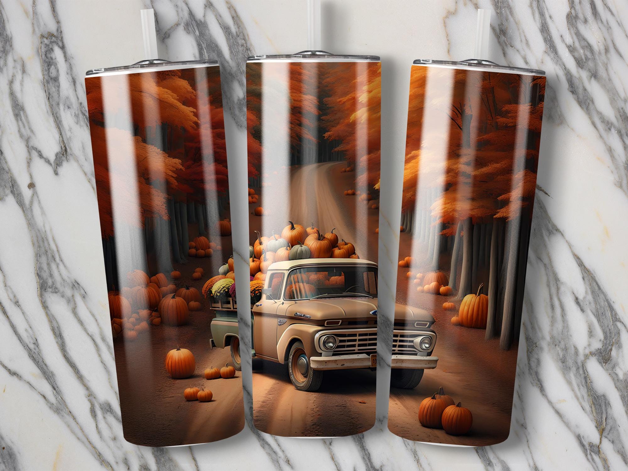 Fall Old Truck Tumbler Wrap: Autumn Road PNG Design (Digital Download)