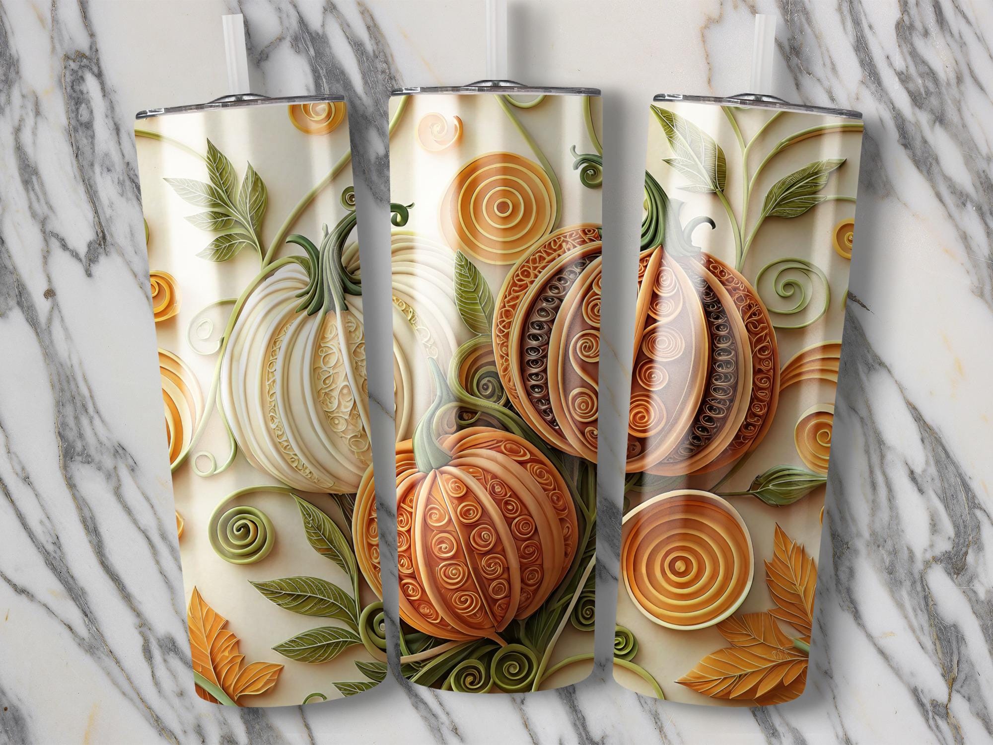 Fall Pumpkin Tumbler Wrap: Autumn Harvest Swirls (20oz PNG Digital Download, paper quilling art,