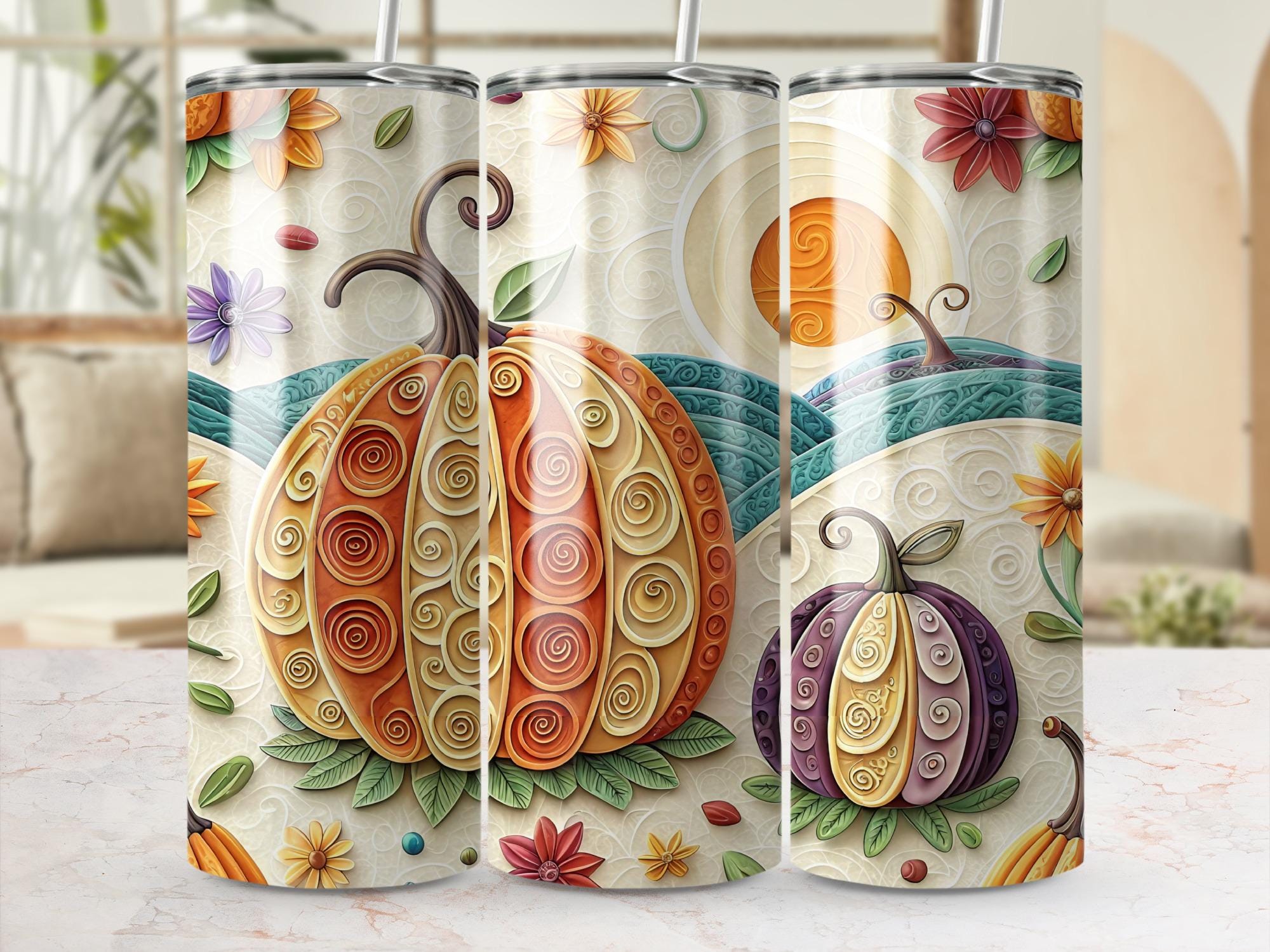Pumpkin Patch Tumbler Wrap: Fall Floral Design (20oz Skinny Tumbler PNG Digital Download