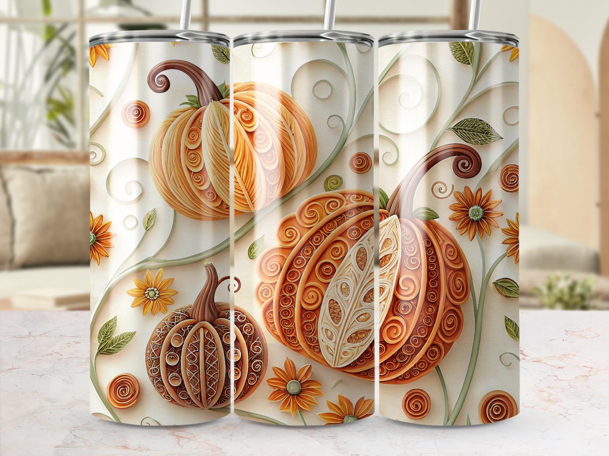 Fall Floral Pumpkin Tumbler Wrap PNG: Autumn Sublimation Design (Digital Download