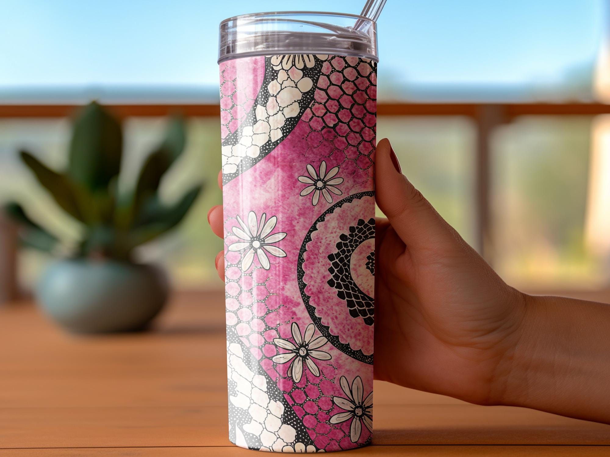Pink Floral Tumbler Wrap, Daisy Flower Pattern 20 oz Sublimation Skinny Tumbler, Spiral Lace Design, Digital Download