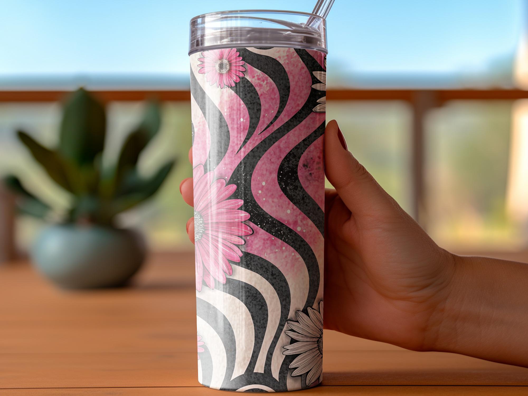 Floral Zebra Tumbler Wrap: Pink Daisy Sublimation Design (PNG Digital Download)