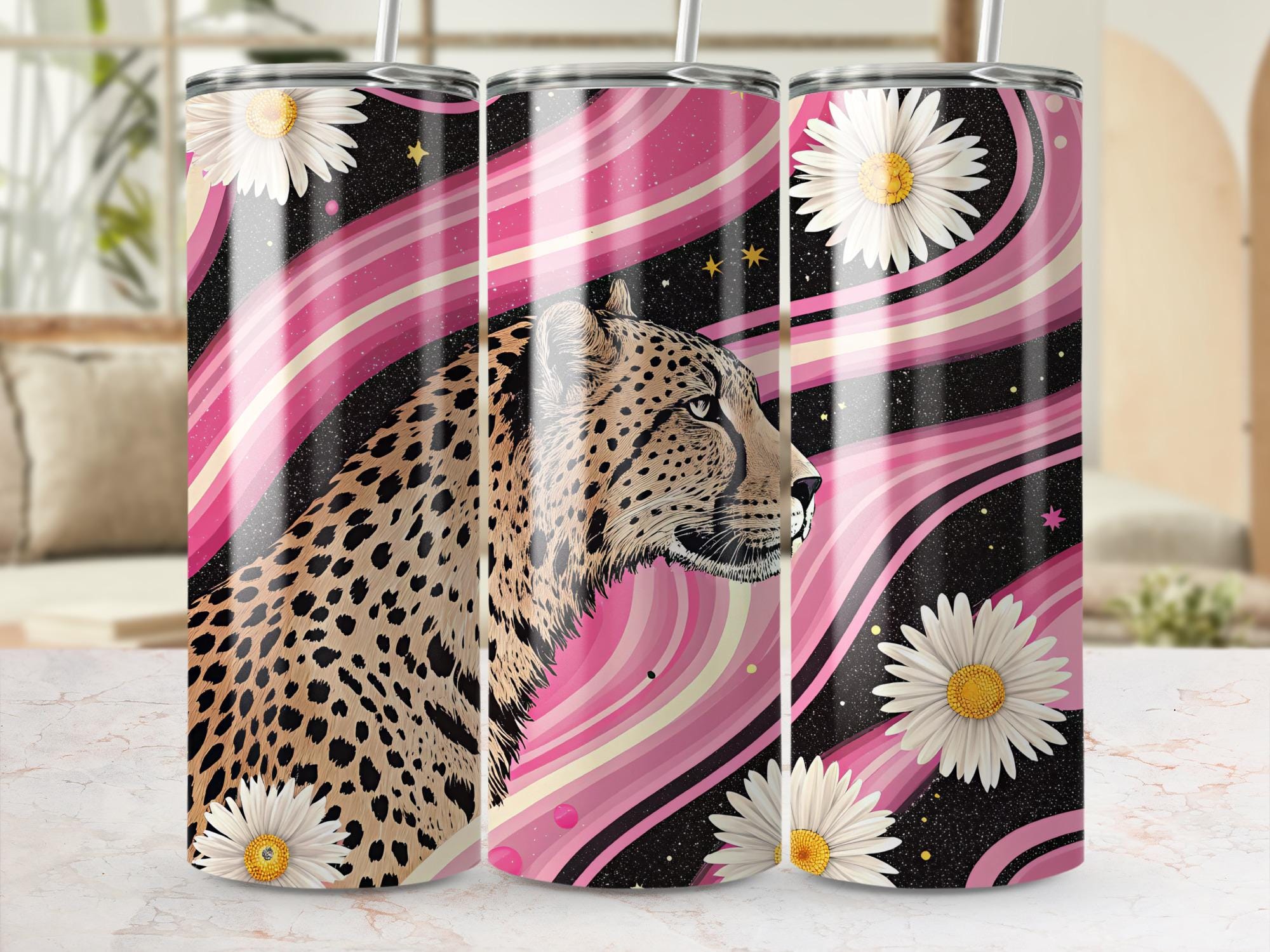 Retro Cheetah Tumbler Wrap: Pink Stripe Daisy Design (Digital Download)