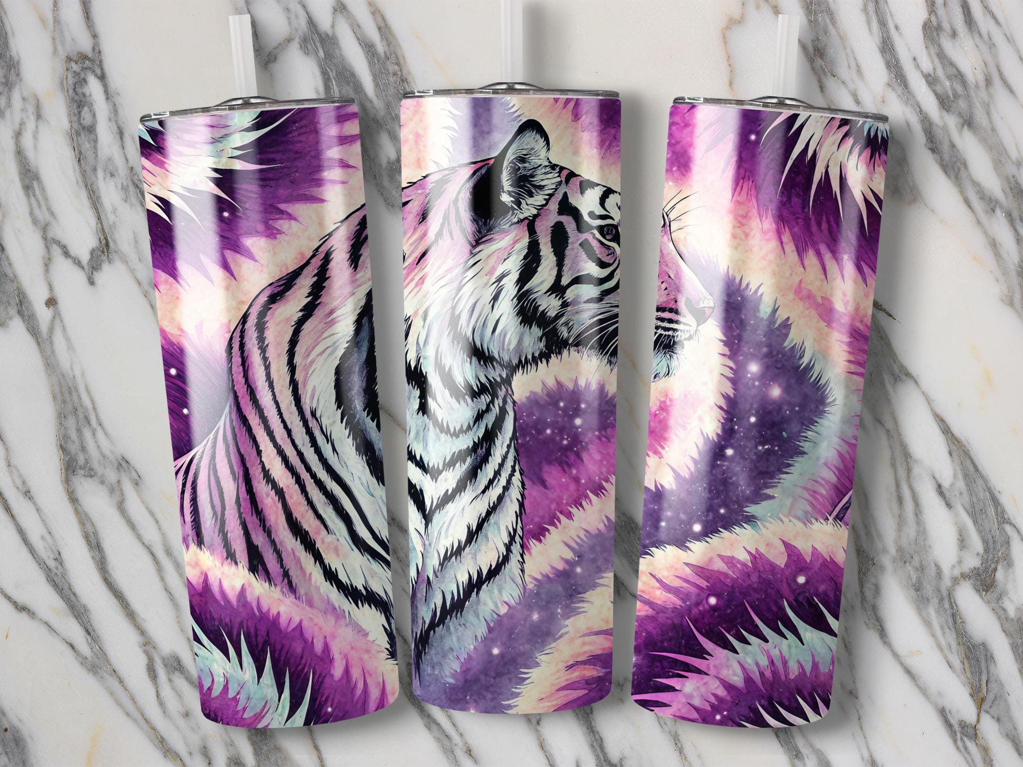 White Tiger Tumbler Wrap: Purple Galaxy Design (Digital Download)