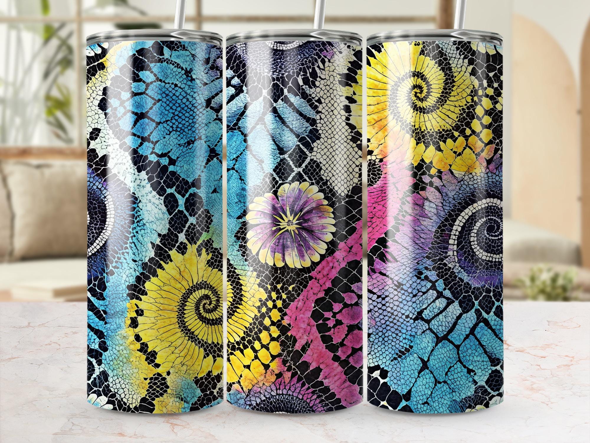 Floral Snakeskin Tumbler Wrap: Rainbow 20 oz Skinny Tumbler (Digital Download Design