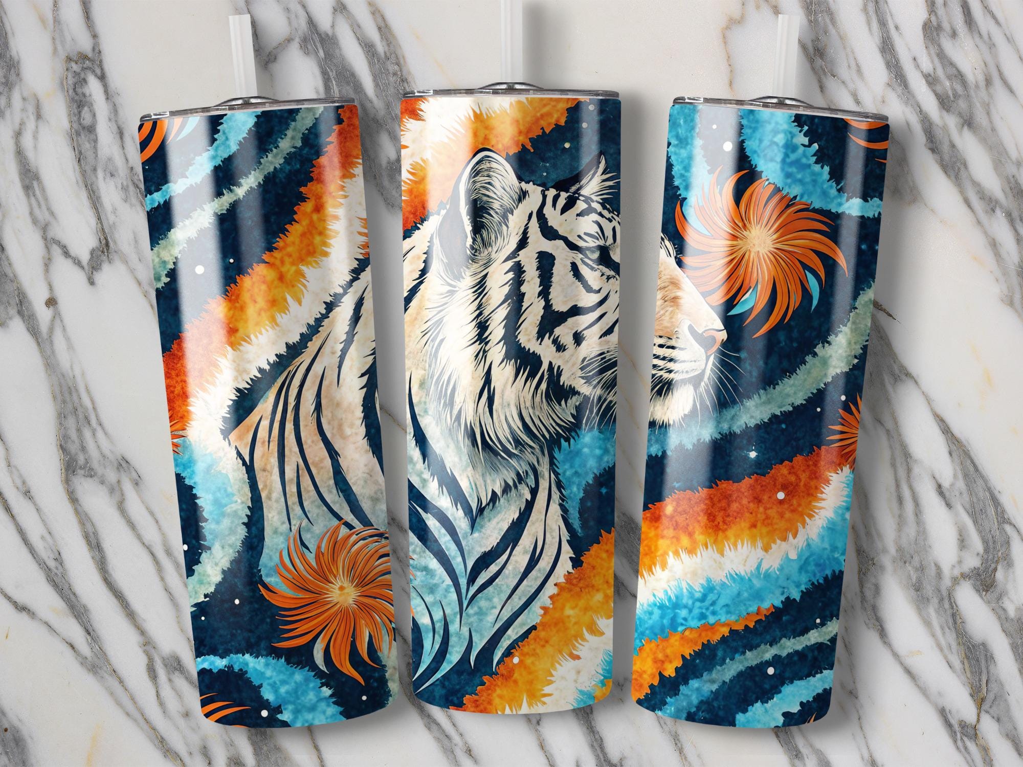 White Tiger Tumbler Wrap: Floral Stripes, 20oz Skinny Tumbler (Digital Download Design)