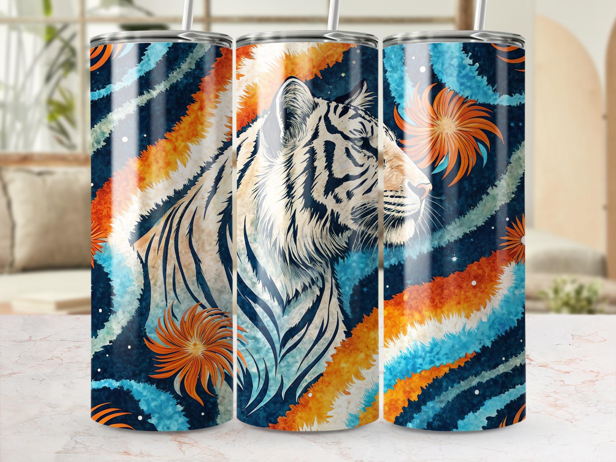 White Tiger Tumbler Wrap: Floral Stripes, 20oz Skinny Tumbler (Digital Download Design)