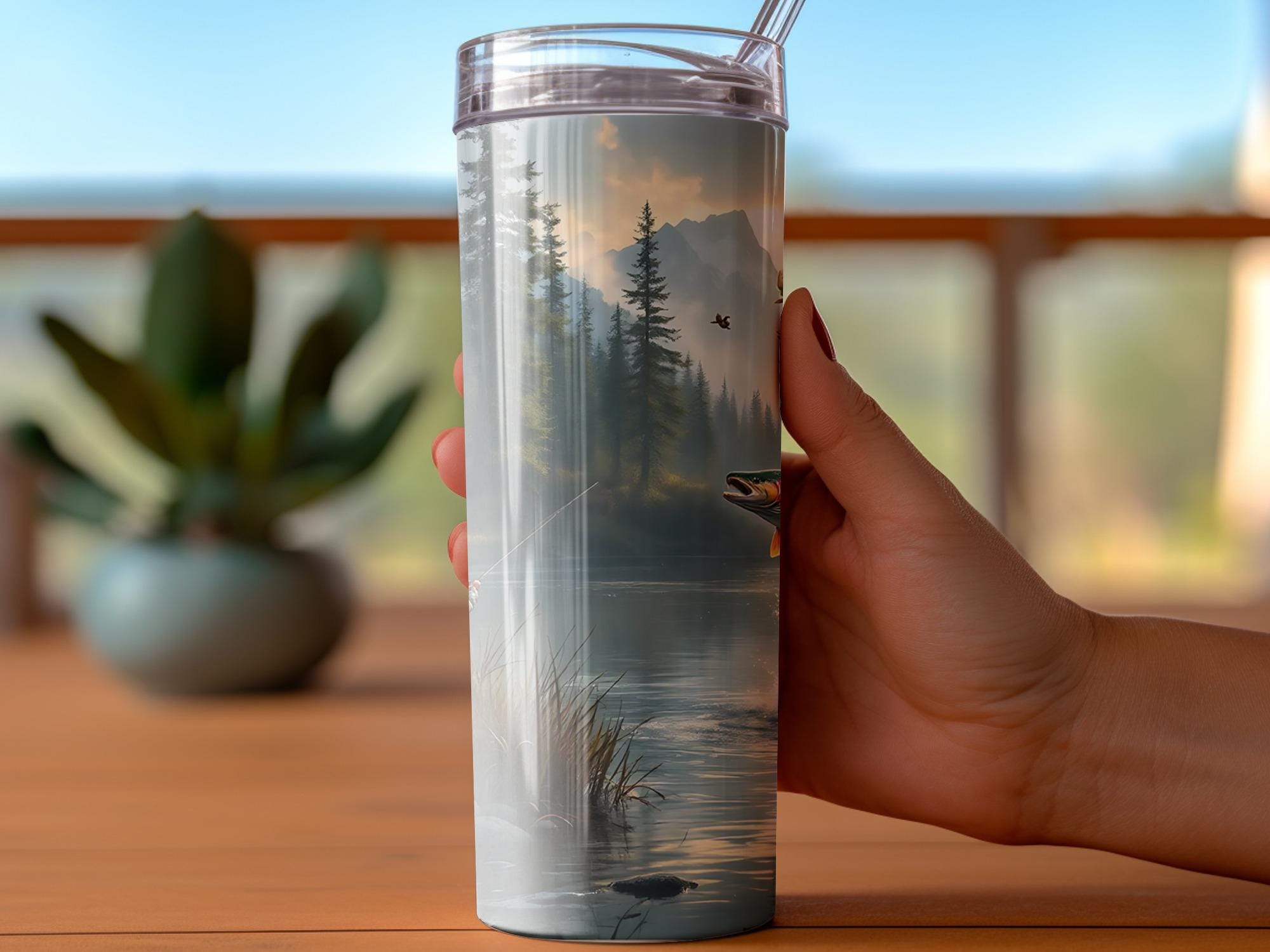 Rainbow Trout Tumbler Wrap: Fishing Lake Design (Digital Download, 20oz Tumbler PNGs)