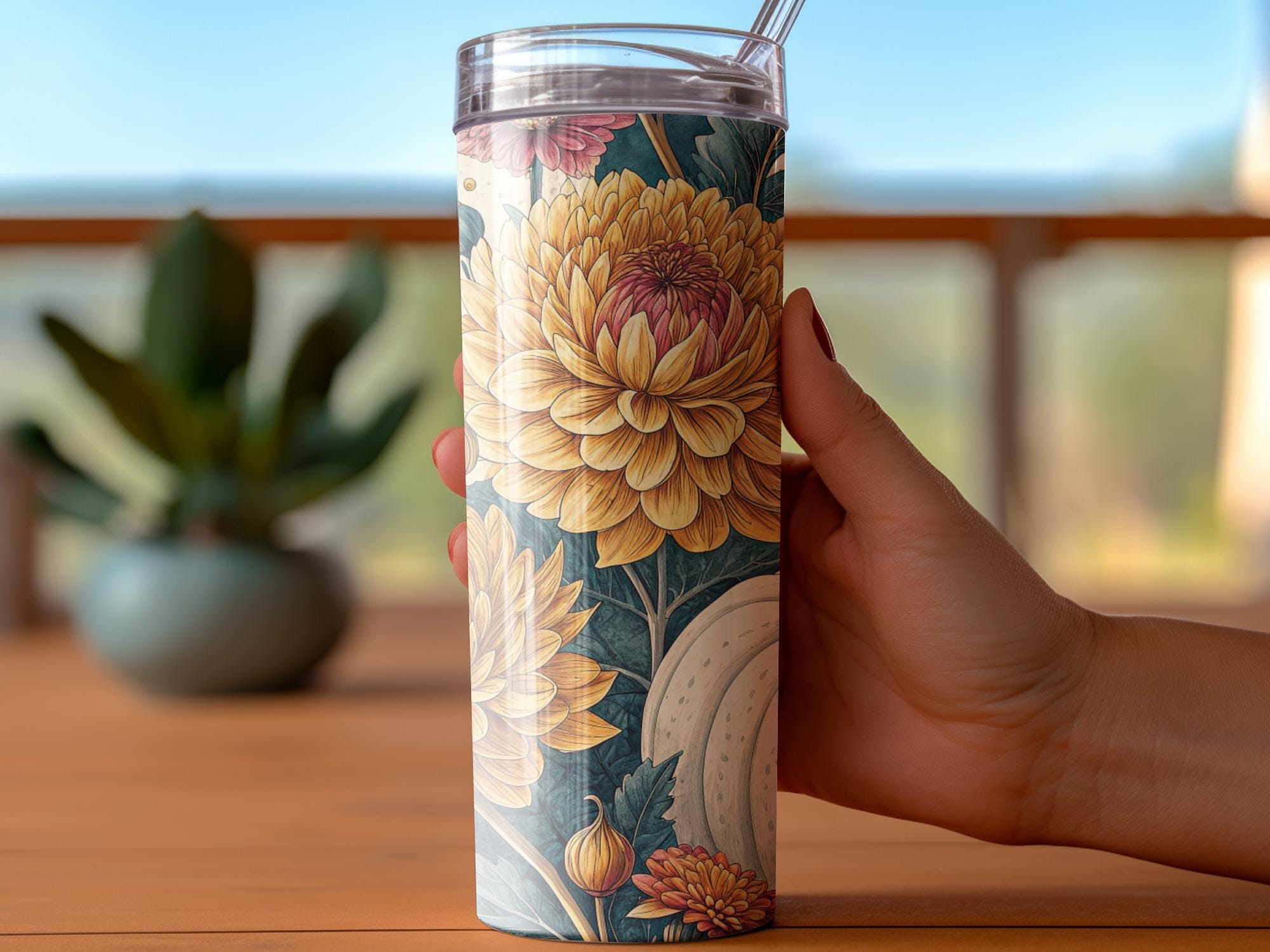 Floral Pumpkin Tumbler Wrap: Autumn Chrysanthemum PNG (Digital Download 20oz Tumbler Design)