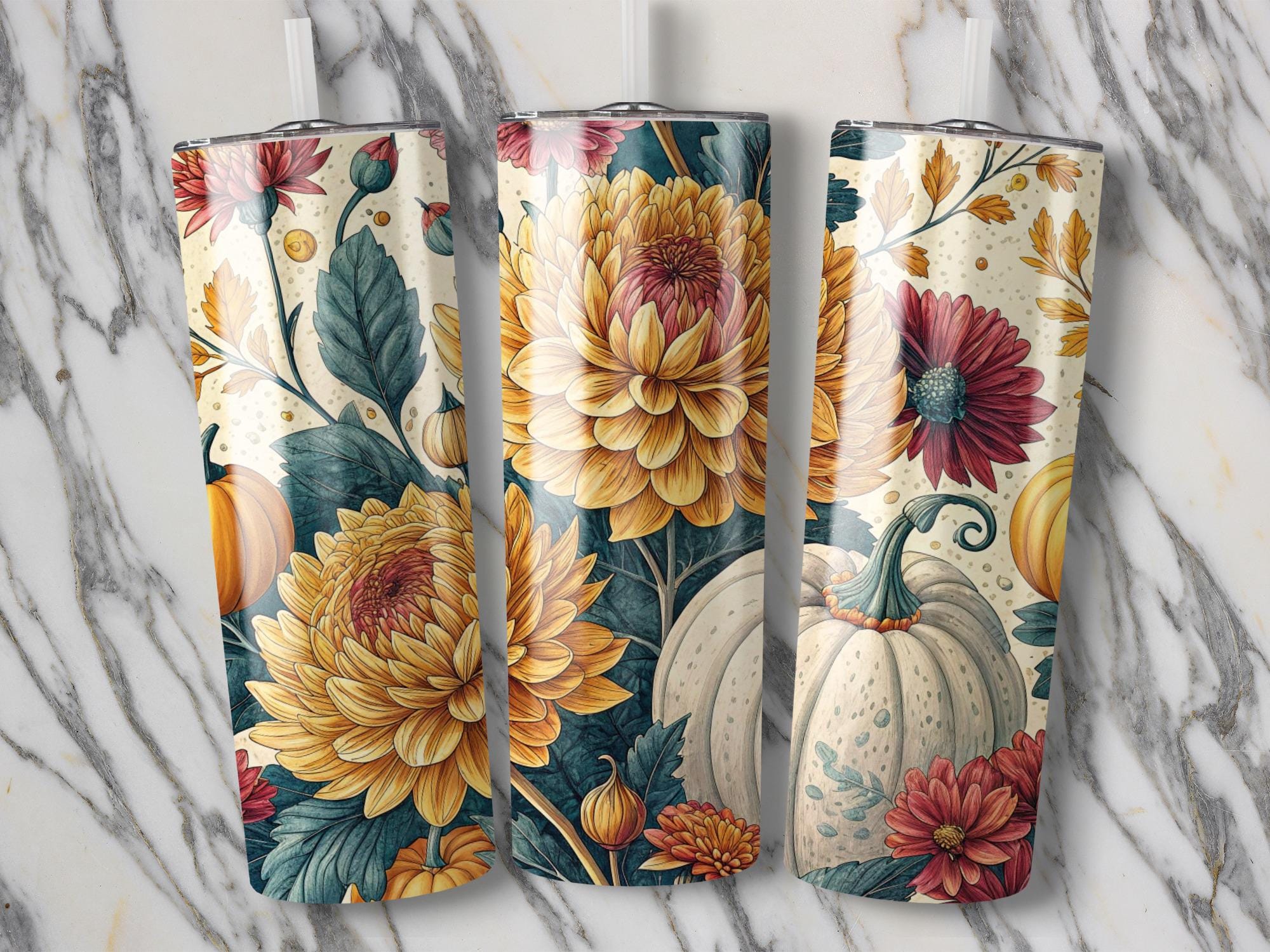 Floral Pumpkin Tumbler Wrap: Autumn Chrysanthemum PNG (Digital Download 20oz Tumbler Design)