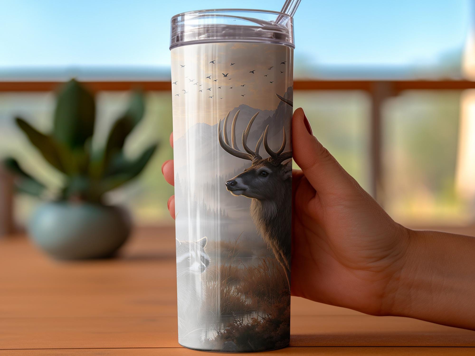 Deer & Raccoon Tumbler Wrap: Wildlife Forest Design (Digital Download PNG)