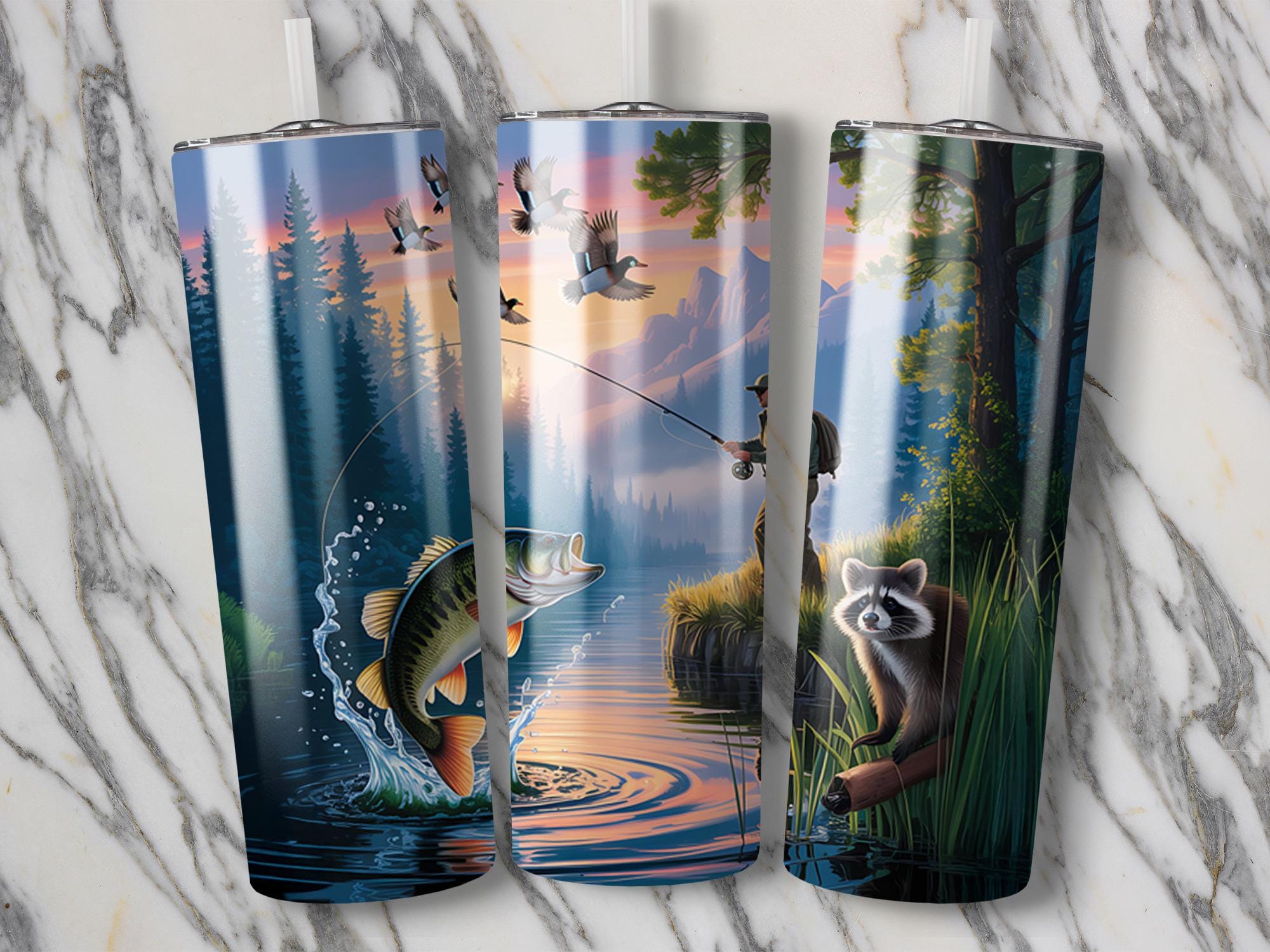 Fishing Tumbler Wrap: Bass, Ducks, Raccoon Sublimation Design (Digital Download)