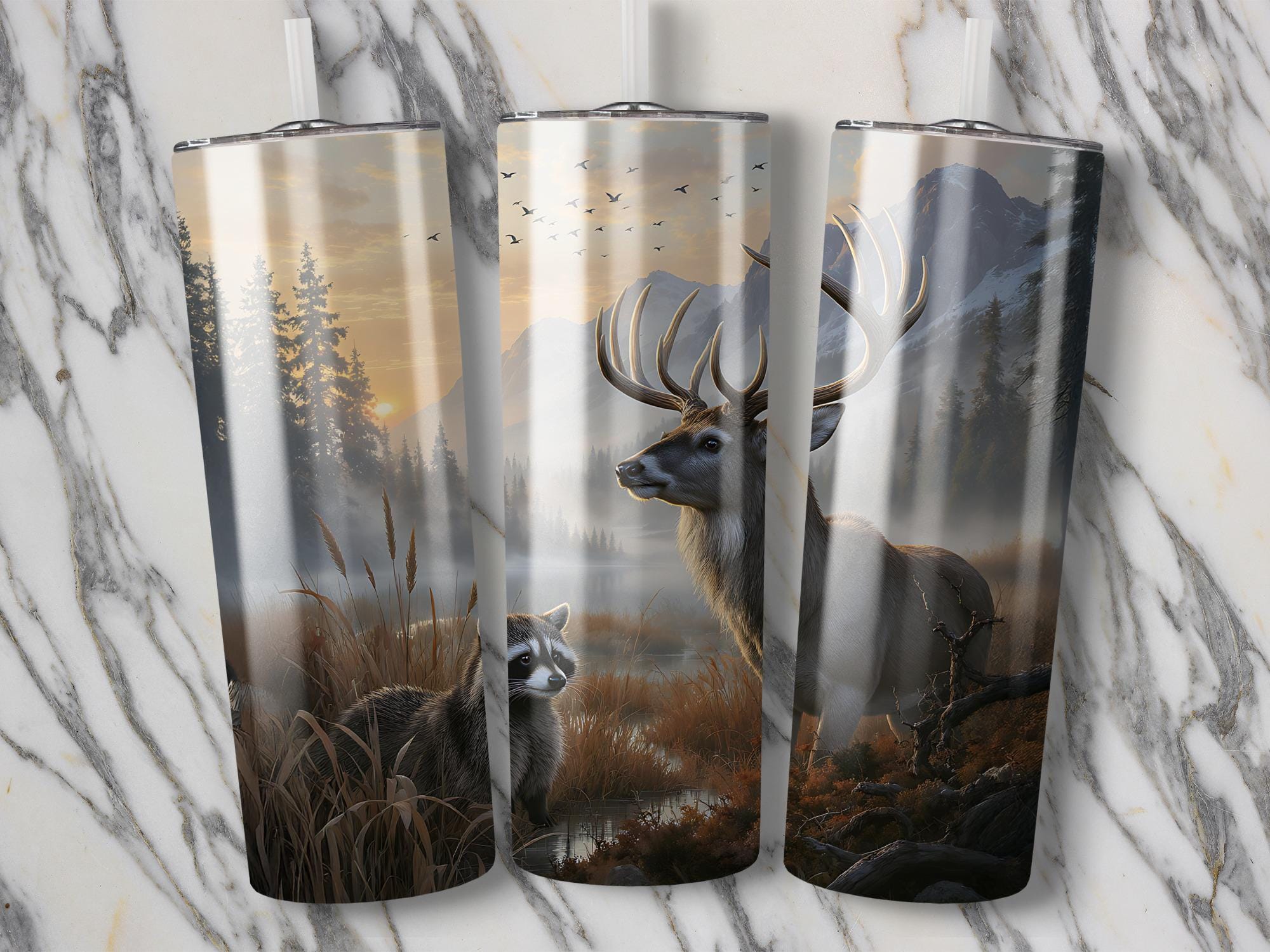 Deer & Raccoon Tumbler Wrap: Wildlife Forest Design (Digital Download PNG)