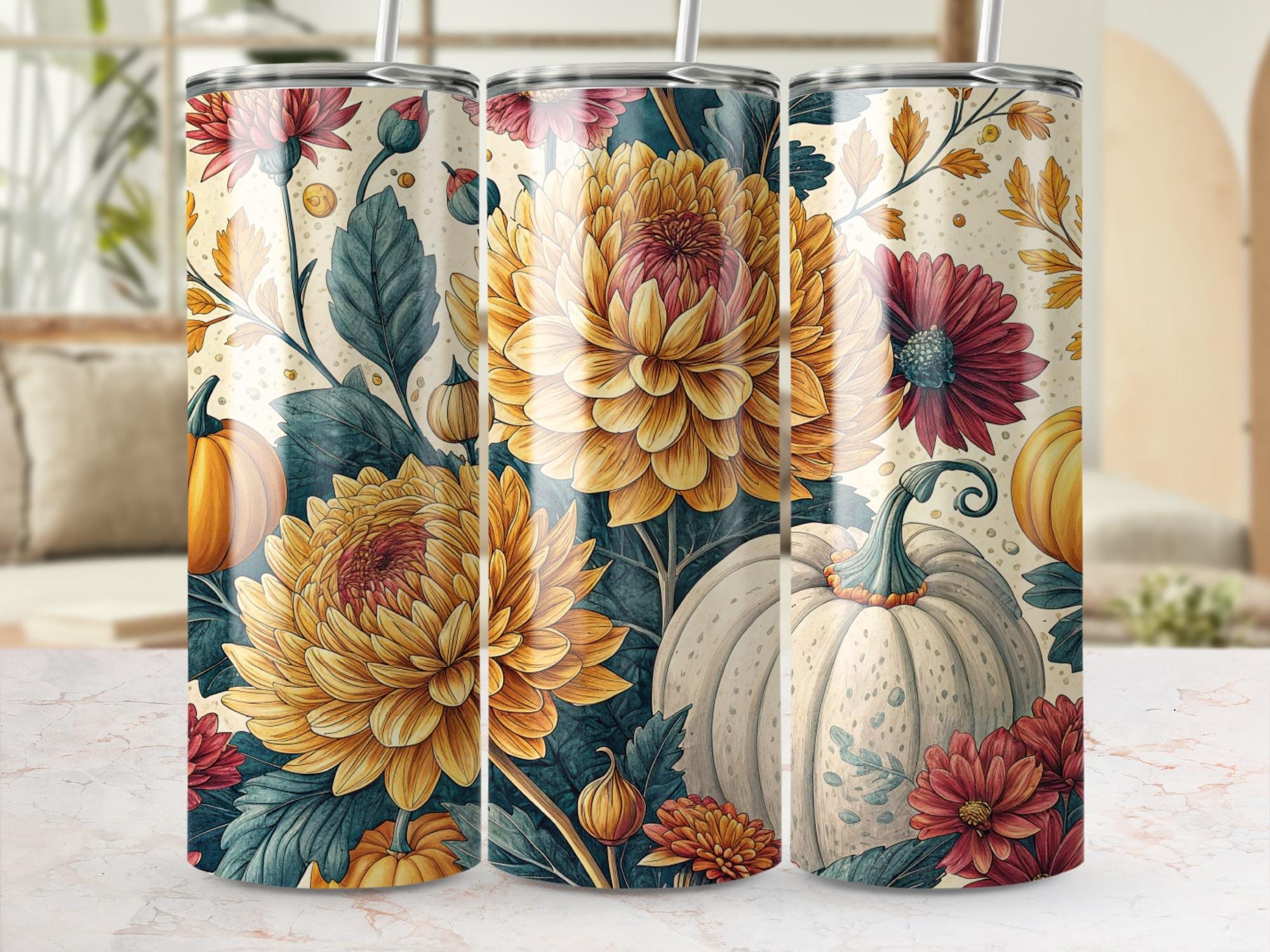 Floral Pumpkin Tumbler Wrap: Autumn Chrysanthemum PNG (Digital Download 20oz Tumbler Design)