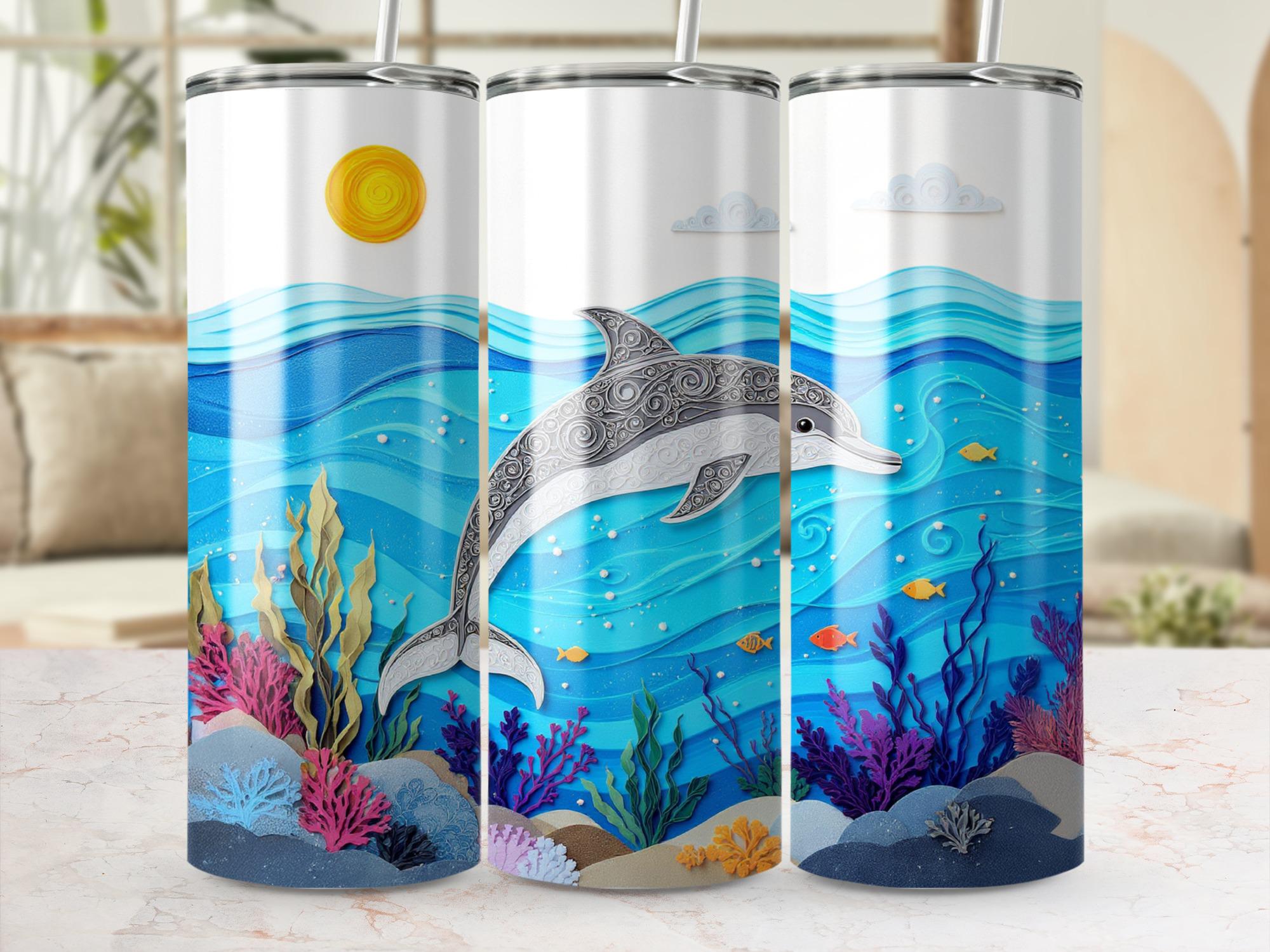 Dolphin Tumbler Wrap: Ocean Paper Quilling Design (20oz Skinny Tumbler PNG Digital Download