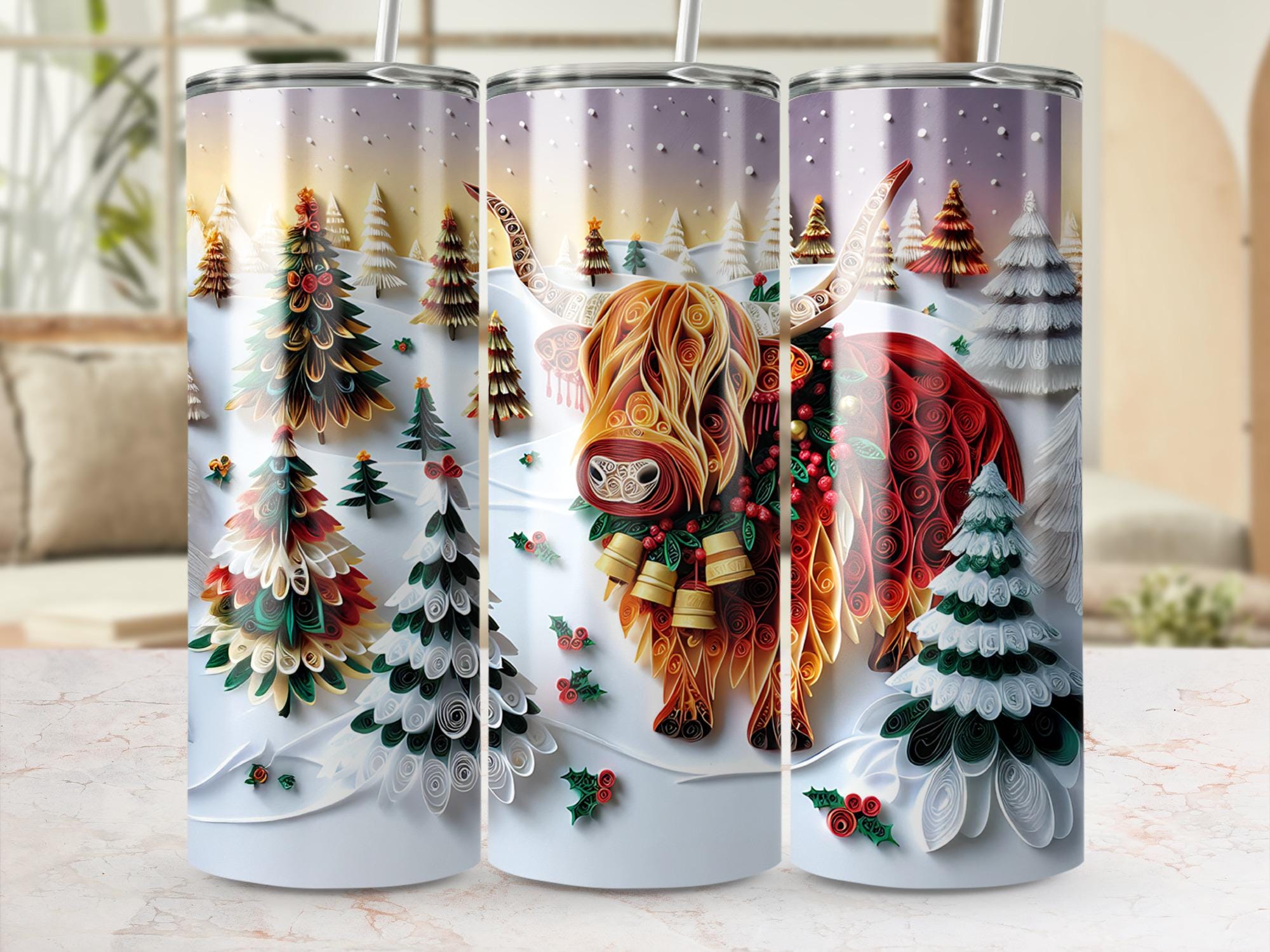 Christmas Highland Cow Tumbler Wrap: Quilled Art Sublimation Design (Digital Download)