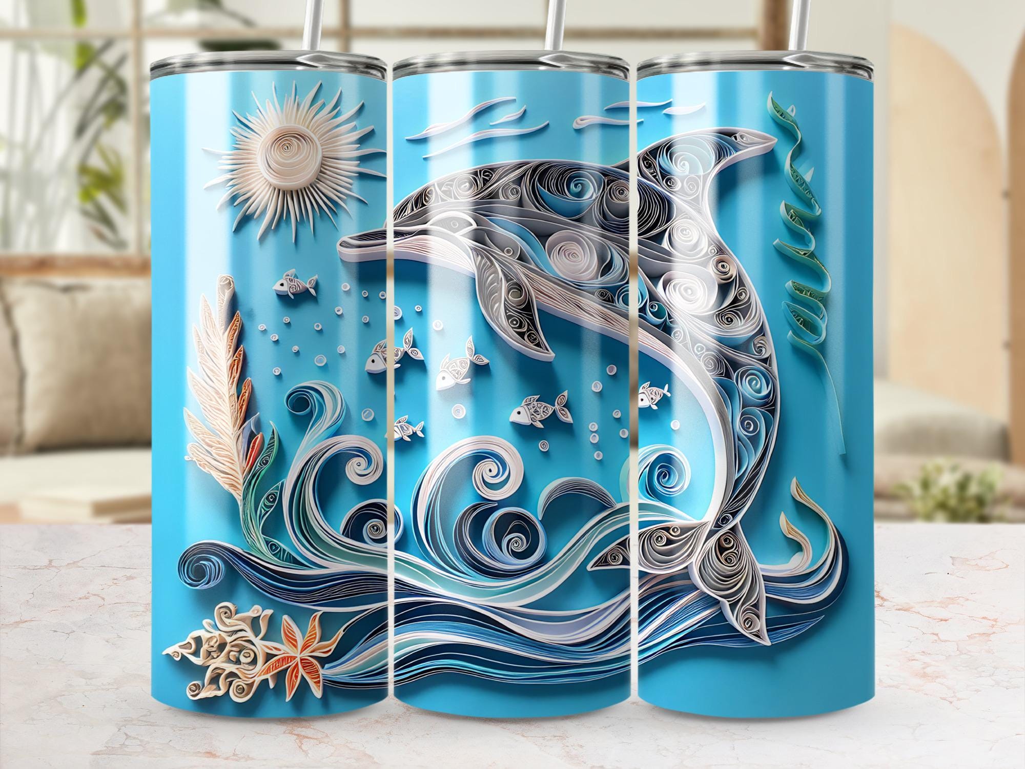 Dolphin Tumbler Wrap: Quilling Art Ocean Design (20oz Tumbler Digital Download PNG)